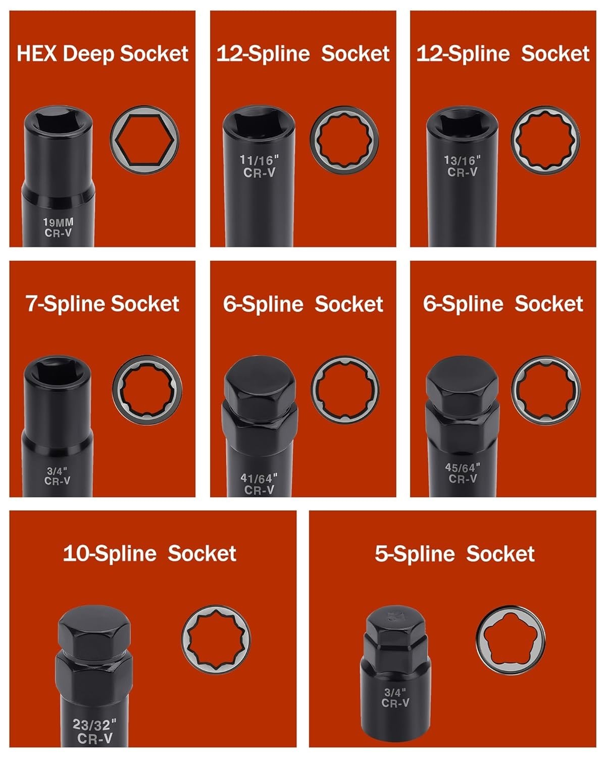 Heavy-Duty Spline Socket Set, 8PC Wheel Key Kit