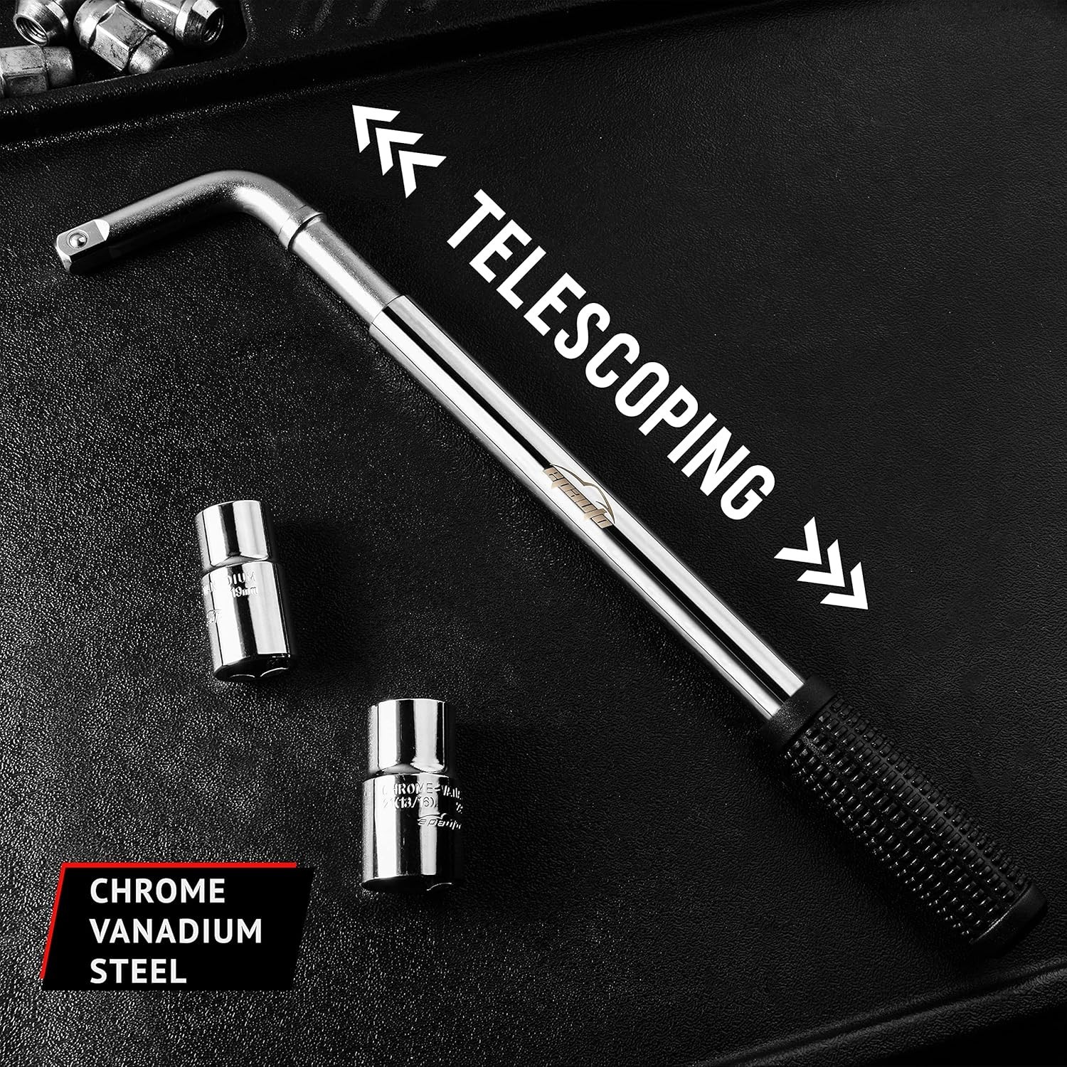 EPAuto Telescoping Lug Wrench with 4 CR-V Sockets (17/19, 21/22mm)