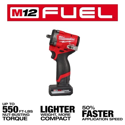 Milwaukee 2562-21 M12 FUEL Stubby 3/8″ Impact Wrench Kit, 550 Foot-Pounds