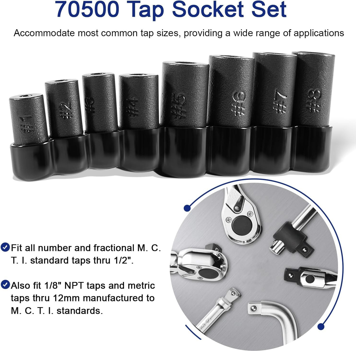 70500 Tap Socket Wrench Set for 1/4″ 3/8″ Drive Fit MCTI Thru 1/2″ 1/8″ NPT Taps