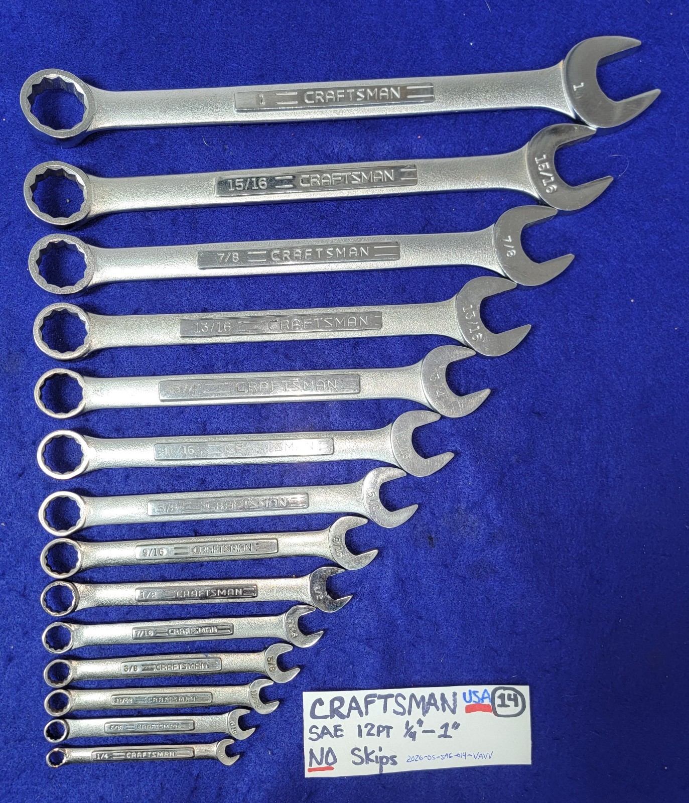 CRAFTSMAN 12pt SAE Combination Wrench Set 1/4″ to 1″ -NO SKIPS- (14 pieces) USA