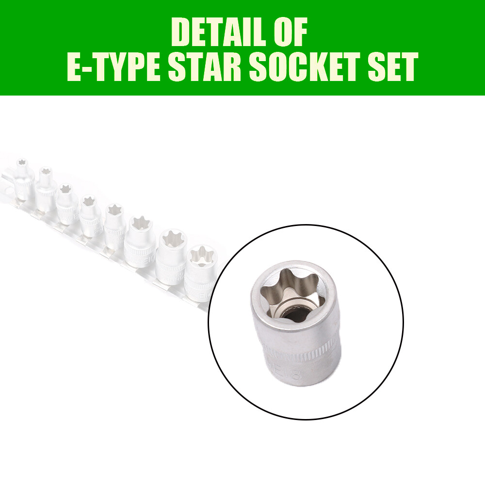 11Pc Female E Torx Star Socket Set/Rail E4 – E20 External Star Torque Socket Set