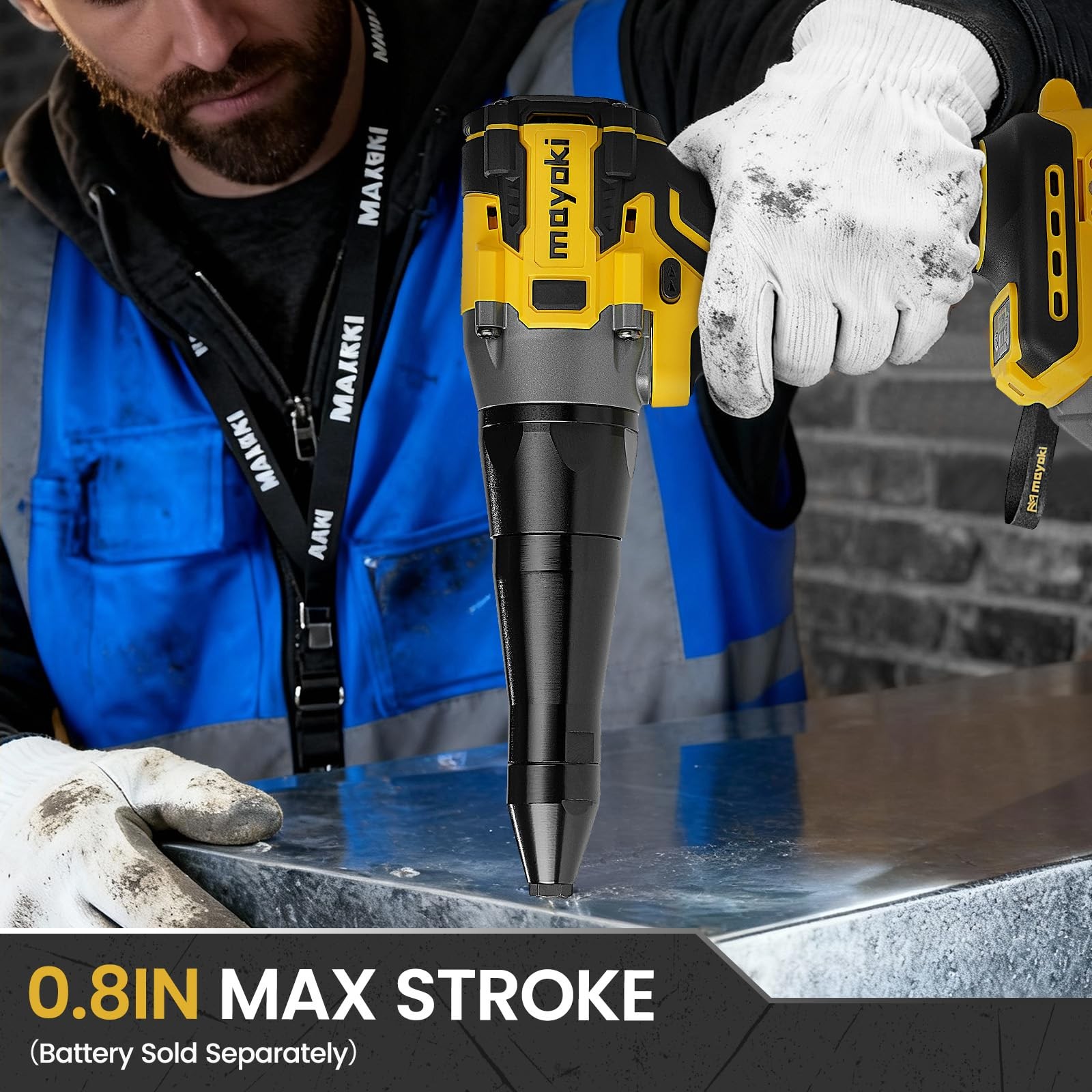 Mayoki Cordless Rivet Gun Compatible with 20V for 3/16″ Rivets, Yellow+Black