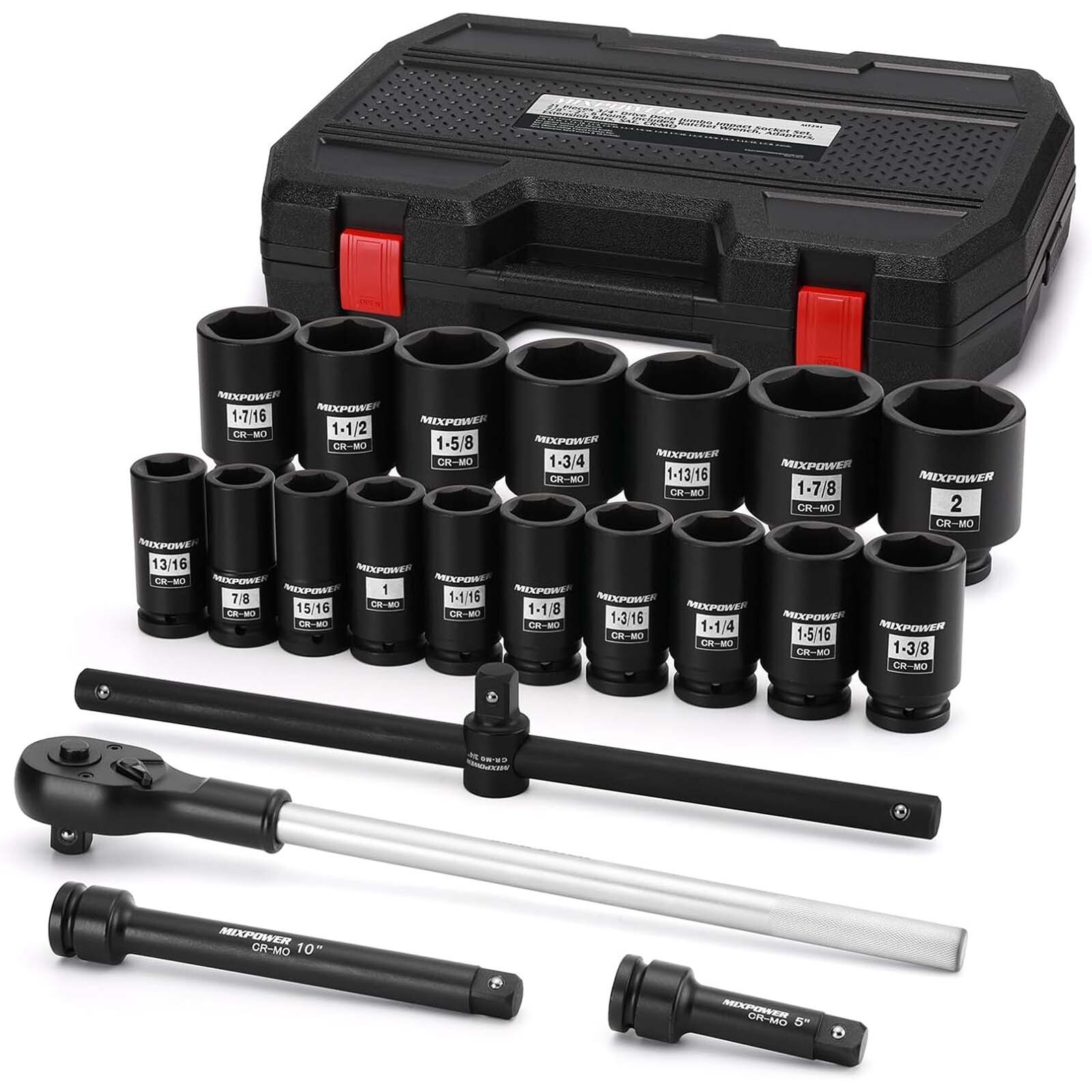21 PCS 3/4» Drive Deep Jumbo Impact Socket Set,SAE(7/8»-2»),6 Point,Ratchet
