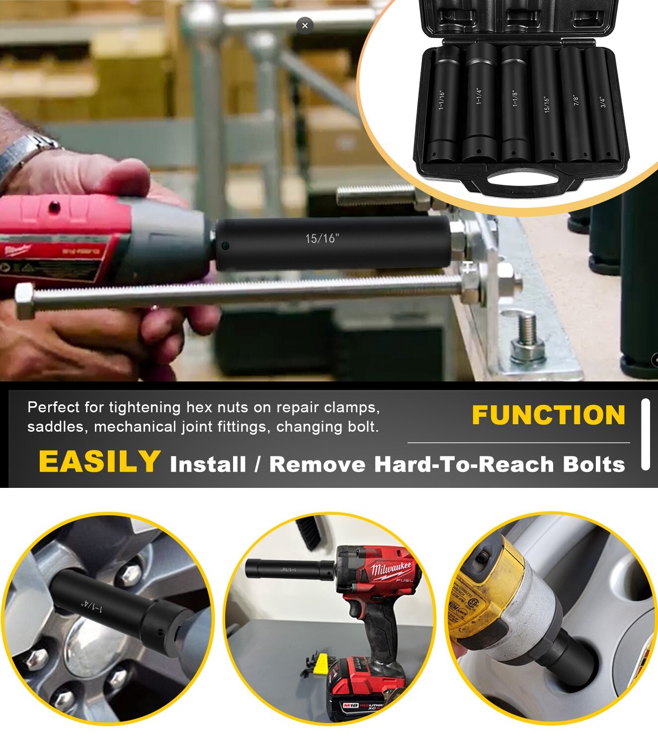 1/2 Inch Drive Heavy Duty Extended Length Extra-Deep Length Impact Socket , 6 PC