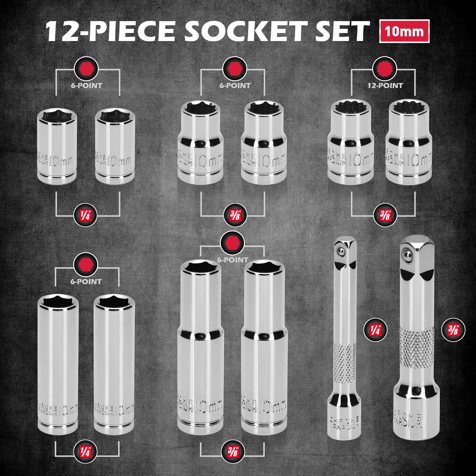 12-Piece 10mm Socket Set with Extensions, Deep & Shallow Sockets, Magnetic Rail
