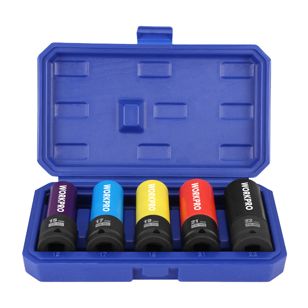 WORKPRO 5PCS 1/2″ Dr Impact Lug Nut Socket Set 15 17 19 21 22mm Thin Wall Socket