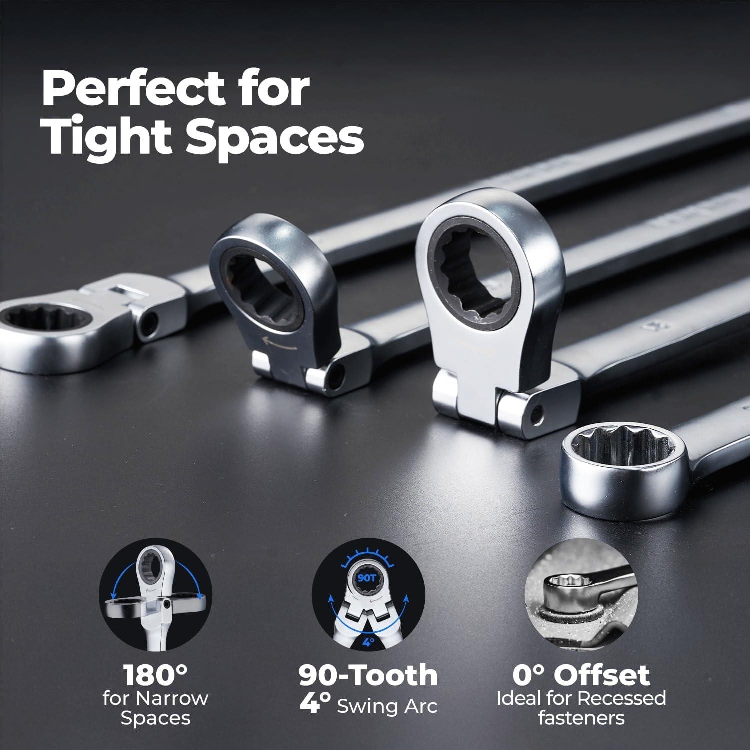 10mm Extra Long Ratcheting Wrench, Flex Head & Fixed Offset Head Double Box End