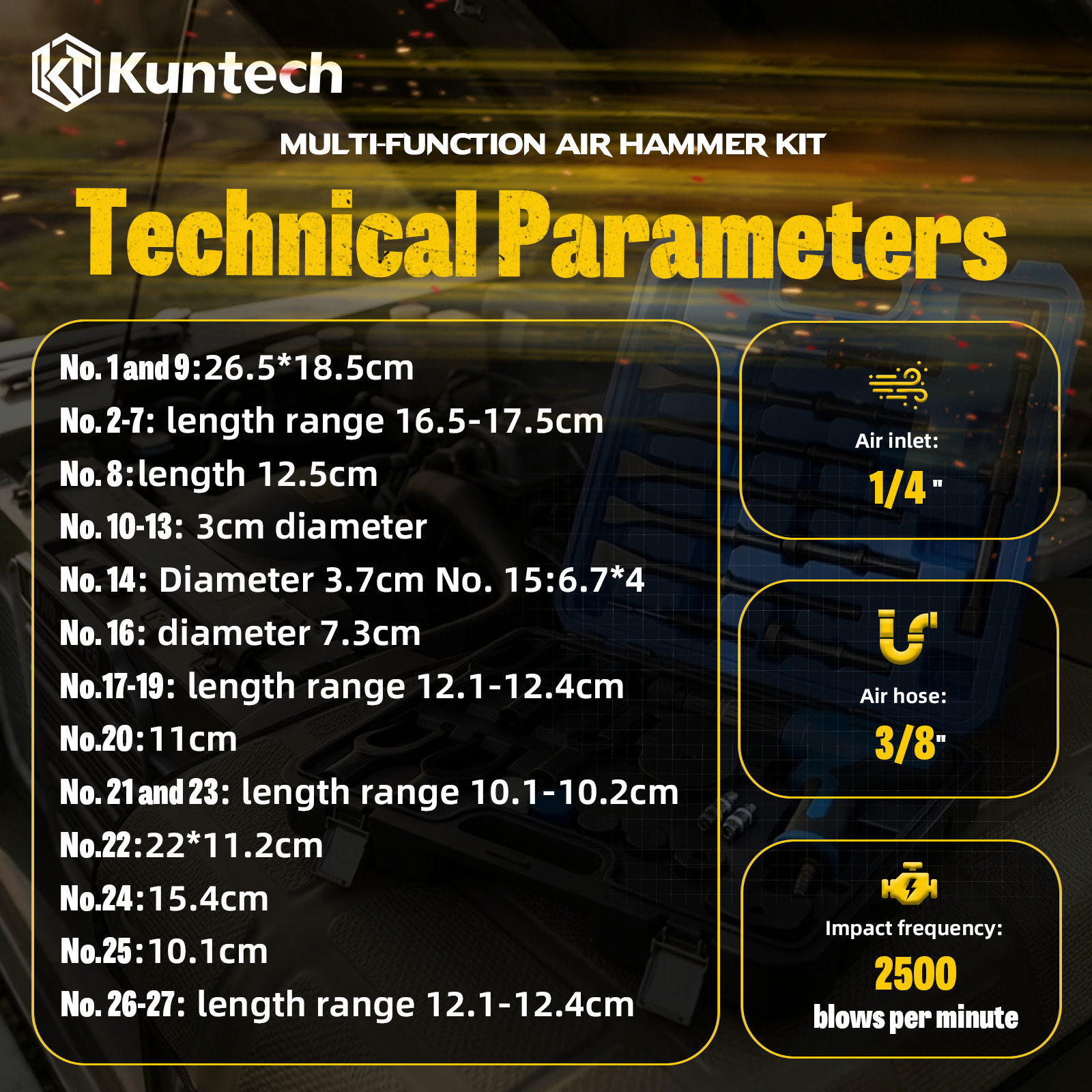 27PCS Air Hammer Kit Multi-functional Pneumatic Hammers Piece Chisel Set 2500BPM