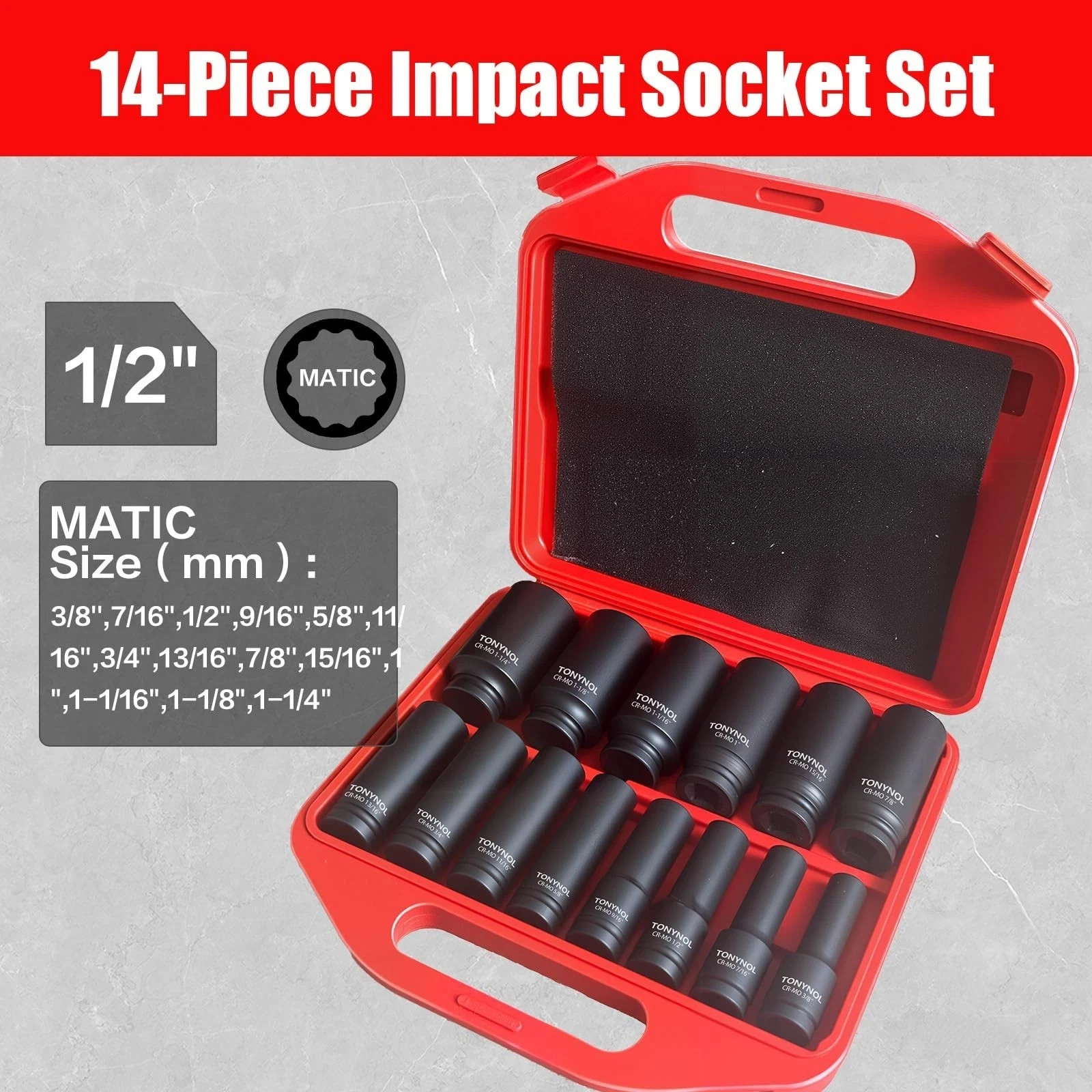 1/2 Inch Deep Drive Impact Socket Set,12-Point,SAE(3/8″ to 1-1/4″),14 Pcs,Cr-…