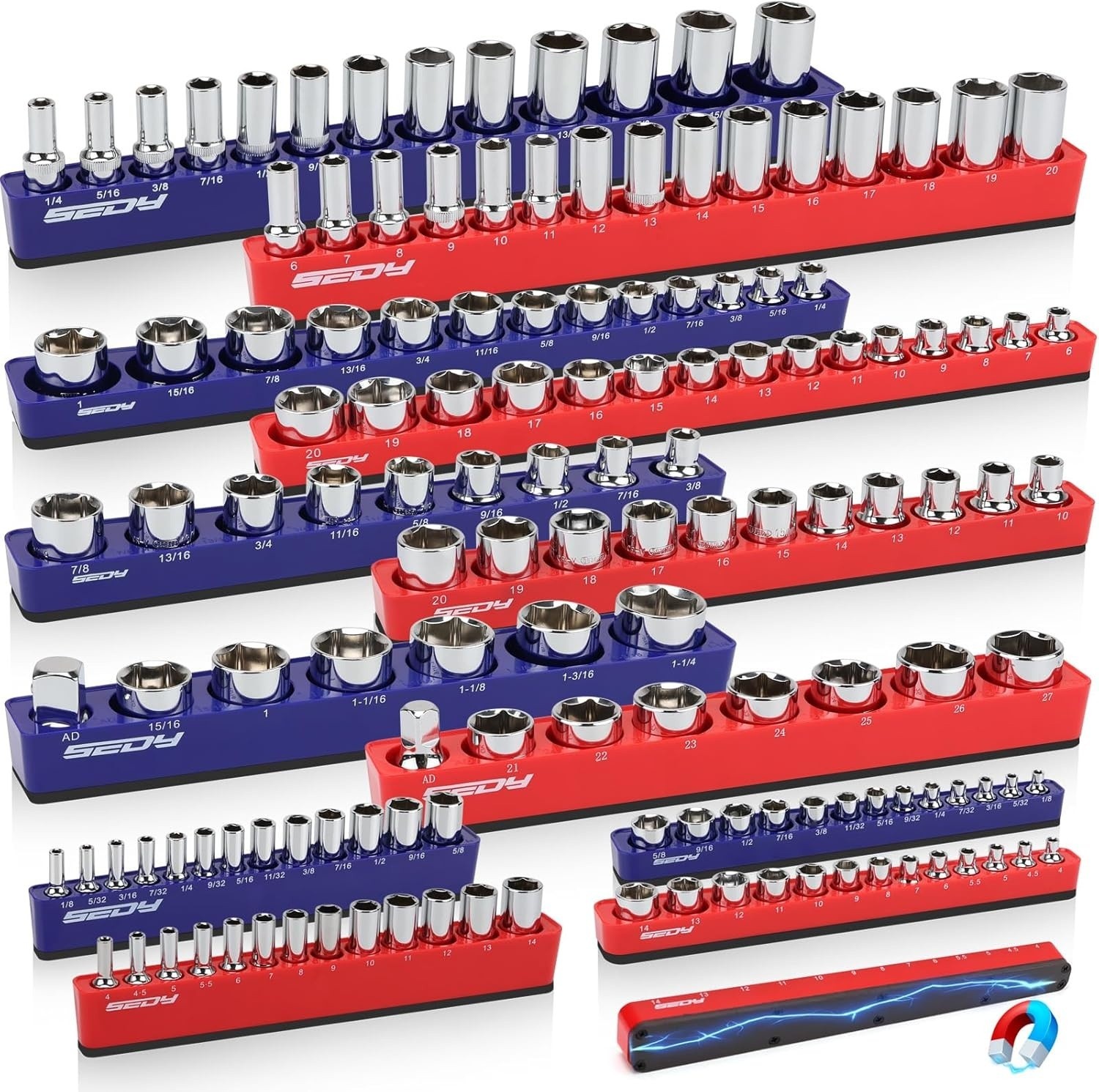 12-Piece 1/4″ 3/8″ 1/2″ – Drive SAE and Metric Magnetic Socket Organizer Set