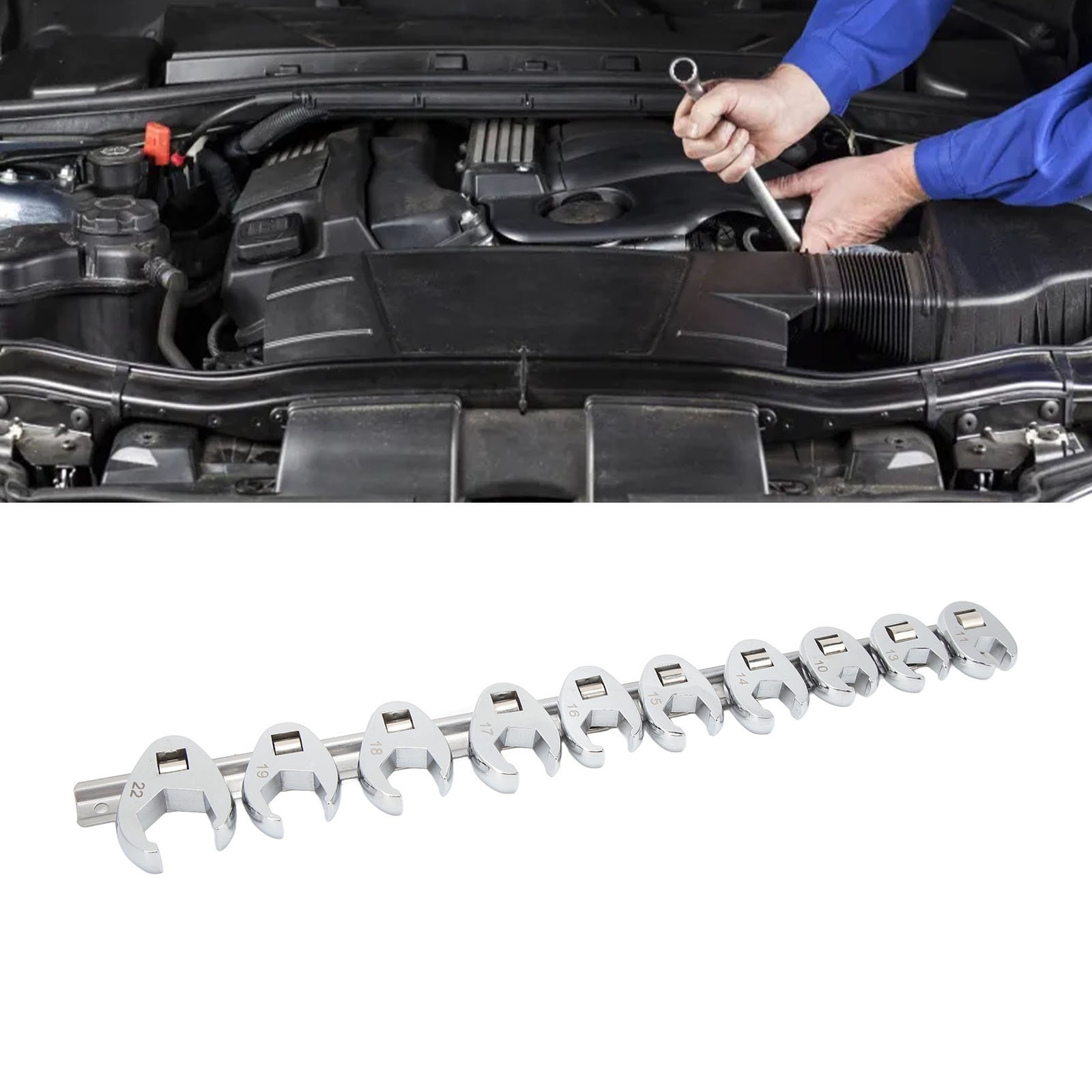 10pcs Crows Foot Wrench Set 10mm To 22mm Sizes Metric Nut Wrench For 3/8in UNVI