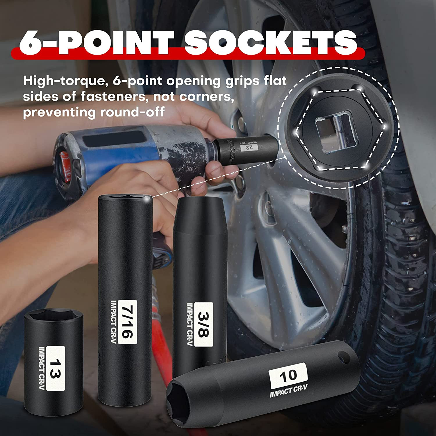 48Pcs 3/8” Drive Impact Socket Set With Case,Standard SAE & Metric,6-Point,CR-V