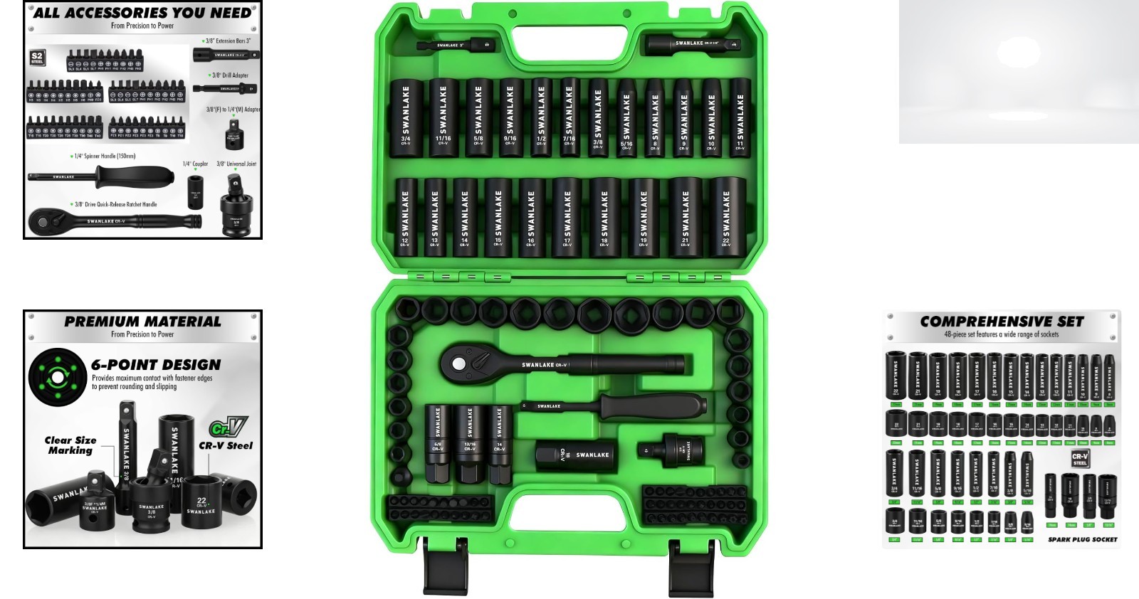 3/8 Inch Drive Impact Socket Set 105 Piece SAE Metric 6 Point CR-V Extension Bar