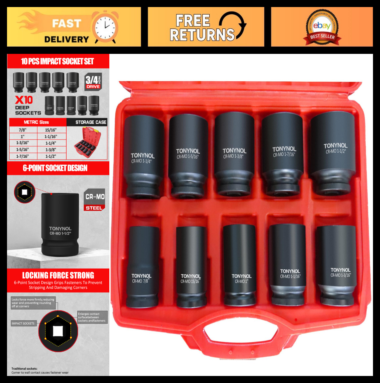 3/4″ Drive Deep Impact Socket Set, 6-Point SAE Sizes 7/8″ to 1-1/2″, 10 Pcs, Cr-