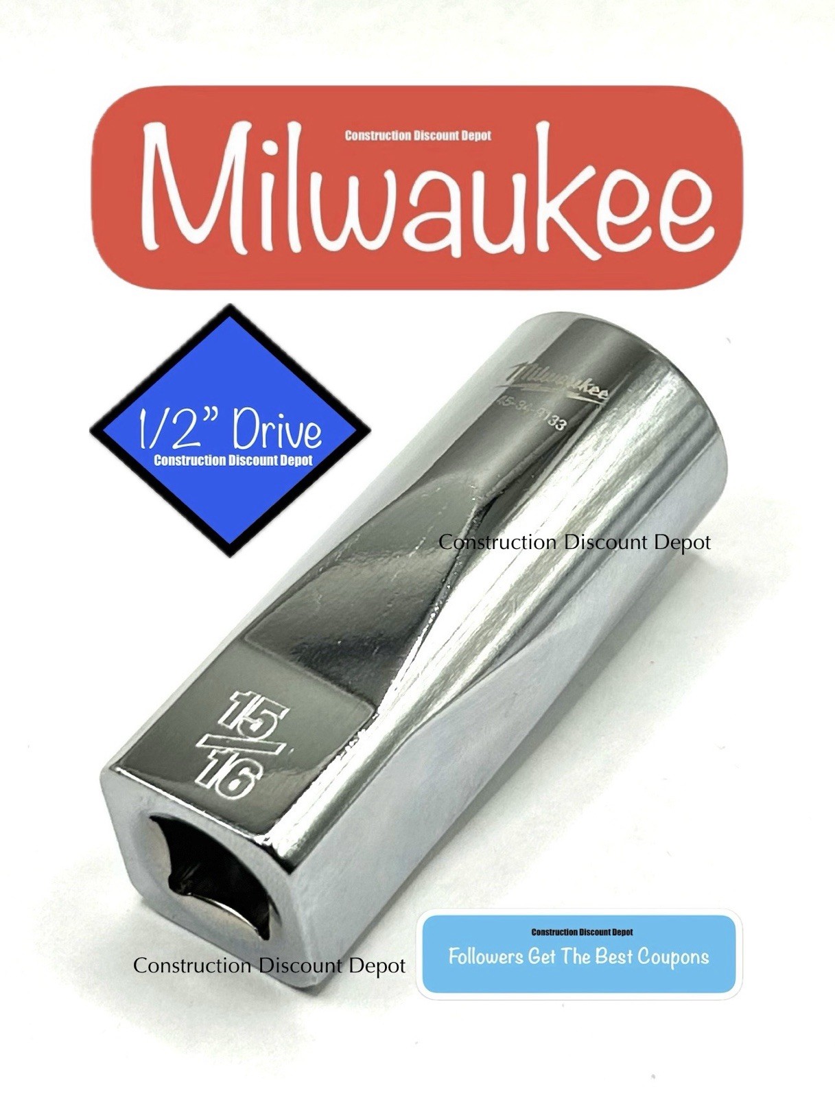 Milwaukee 15/16″ in. 1/2″ in. Drive SAE 6 Point Standard Deep Socket 45-34-9133