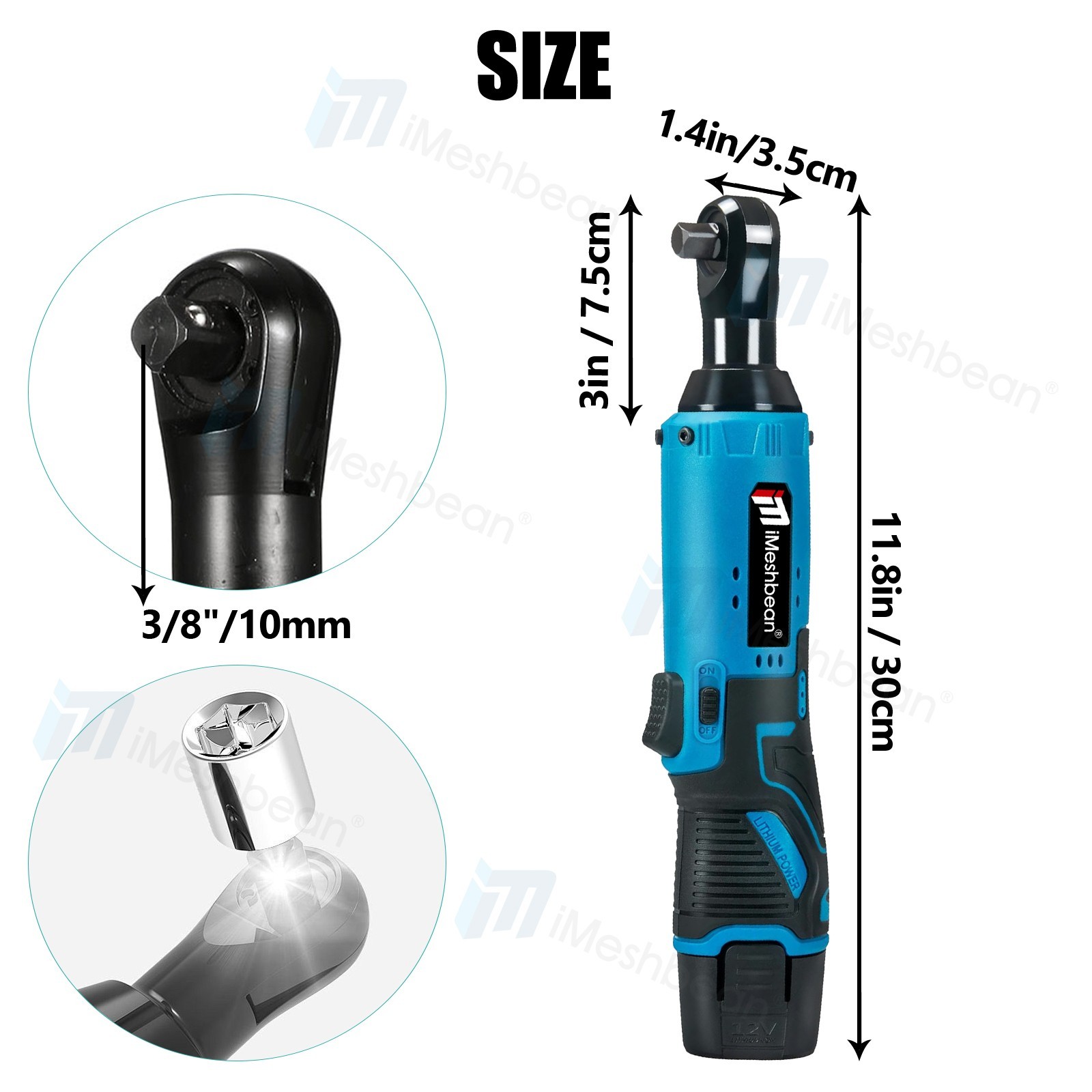 12V 3/8″ Cordless Electric Ratchet Socket impact Wrench Right Angle Battery 60Nm