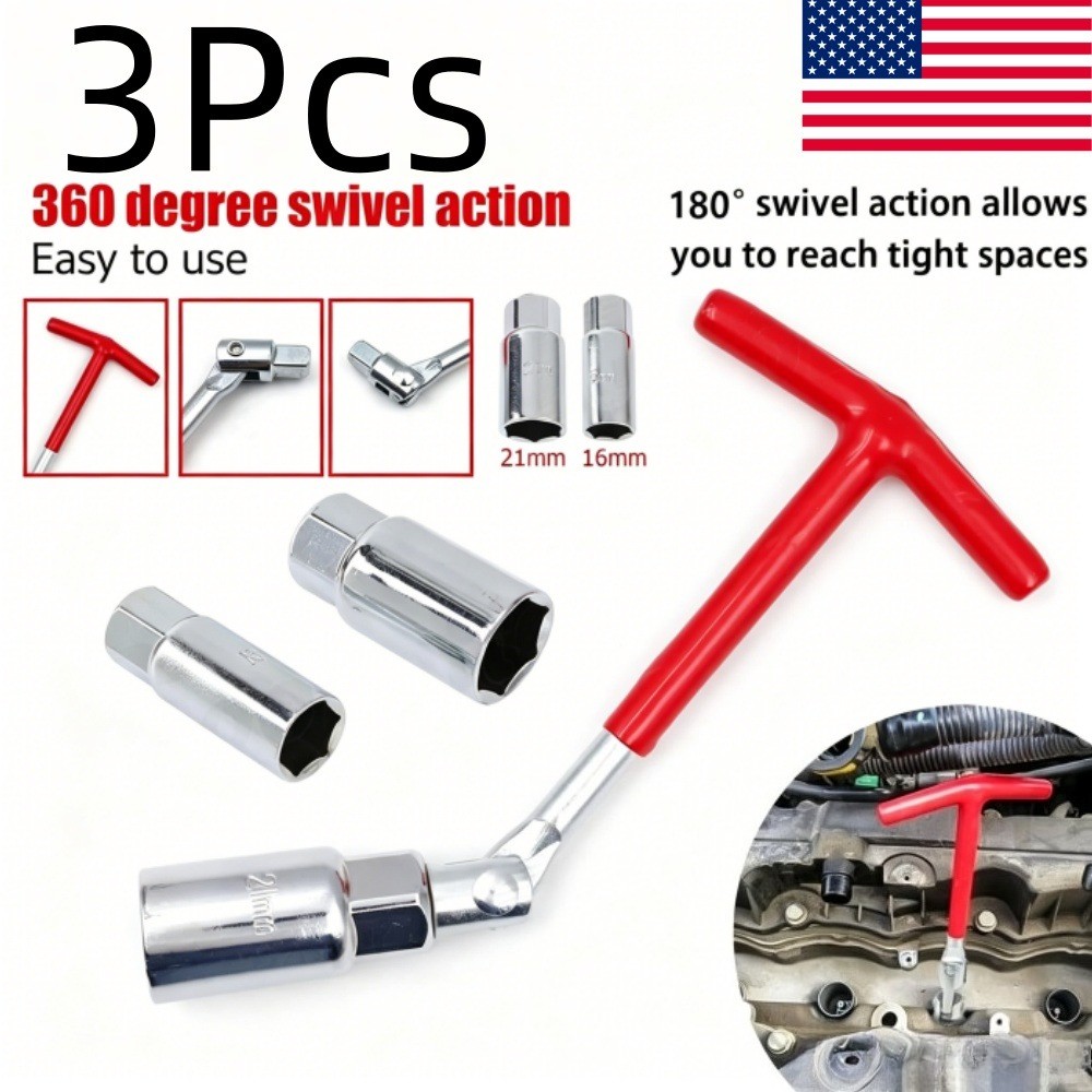 3Pcs Spark Plug Removal Tool 16 21mm T-Handle Flexible Spanner Socket Wrench Set