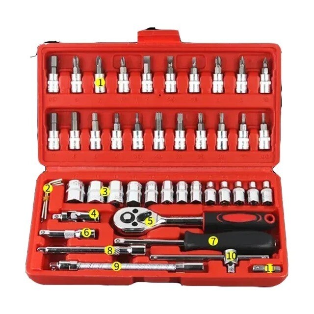 46pcs Car Repair Tool Kit 1/4″ Socket Set Ratchet Torque Wrench Mechanic Tools