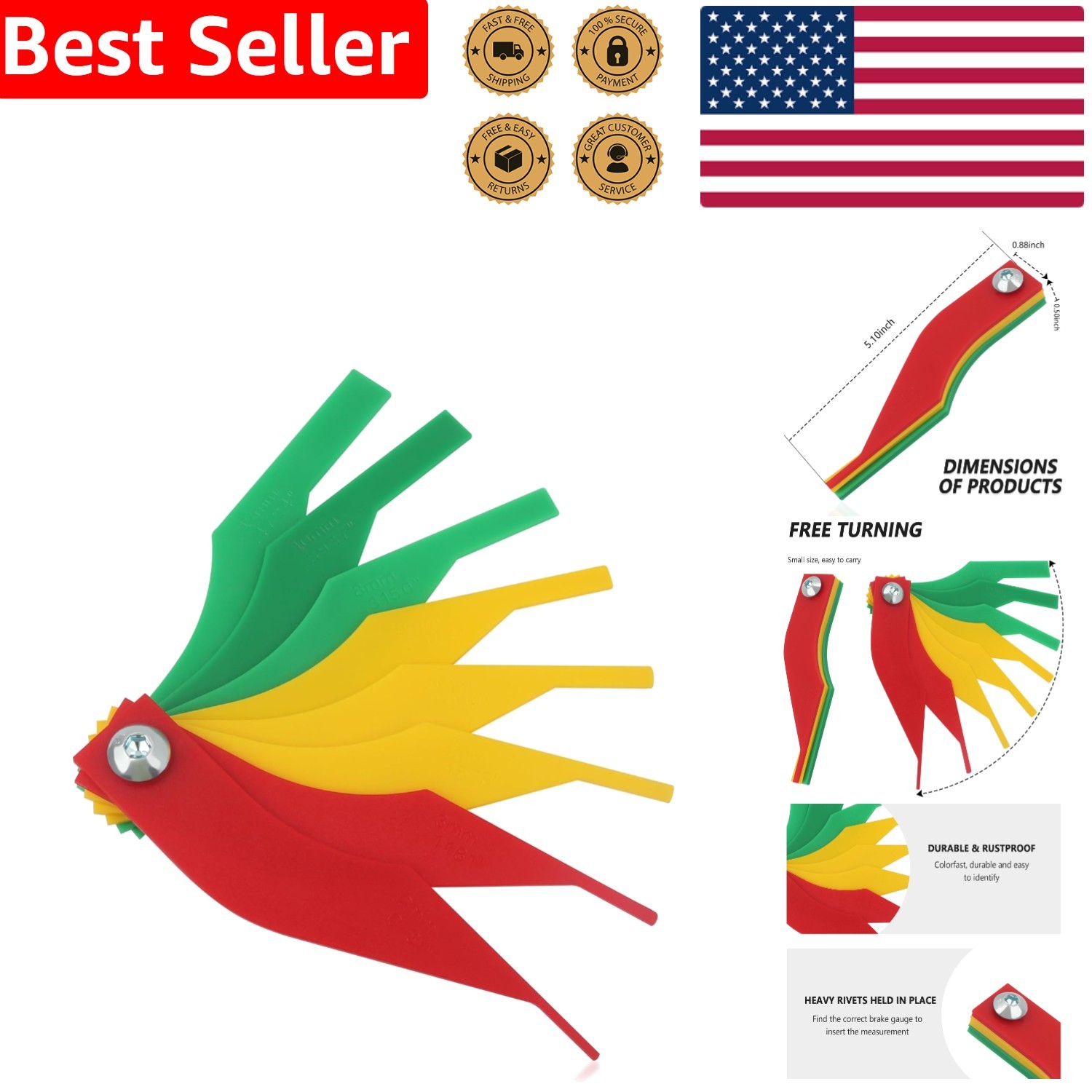 Lightweight Brake Pad Thickness Gauge – 8PCS Set with Metric & SAE Measurements