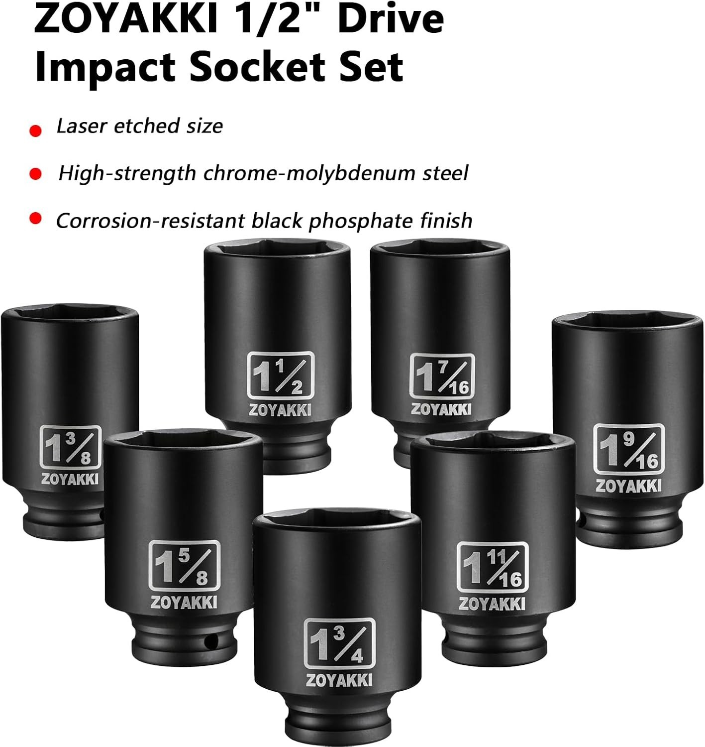 1/2 inch Drive Impact Socket Set 7 pcs SAE Deep 6-Point Chrome Molybdenum Steel