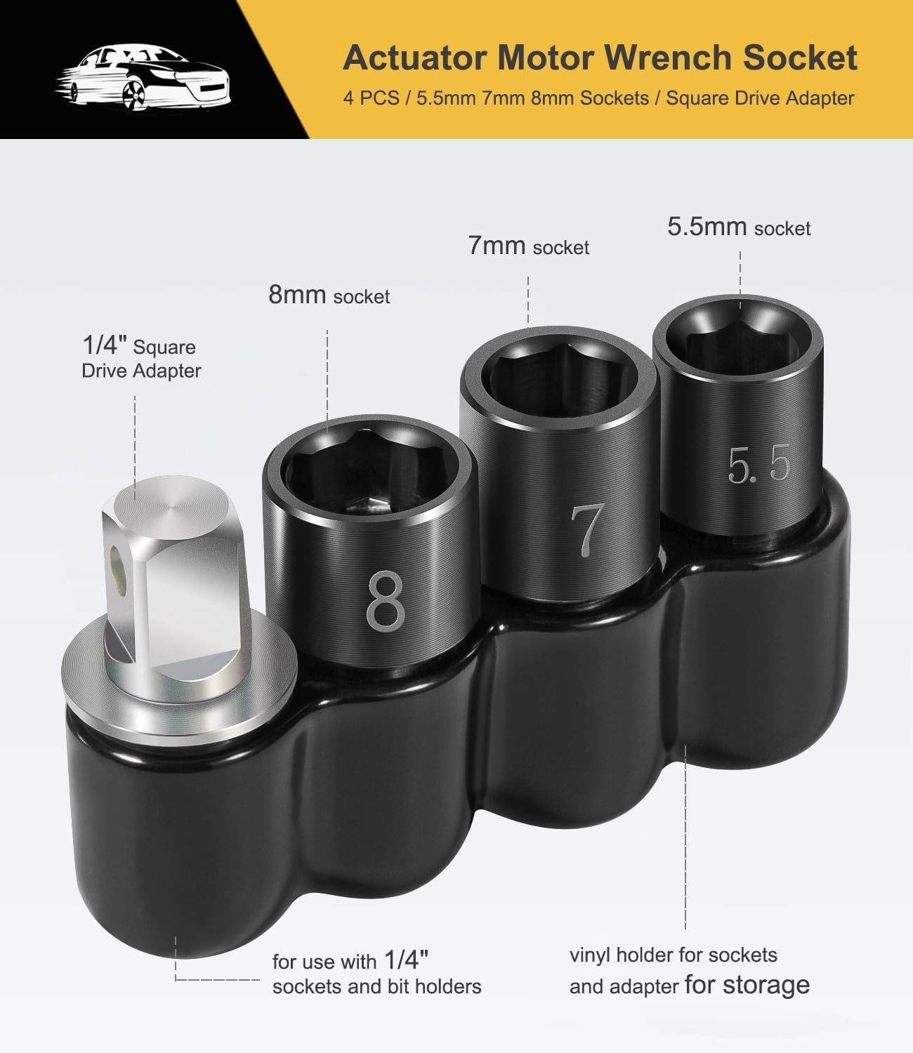 64180 5PCS Actuator Motor Tool includes 5.5mm 7mm 8mm & Socket 1/4″ Square Drive