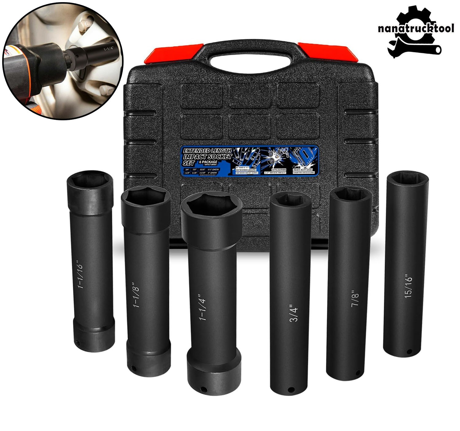 1/2″ Drive Extended Length Impact Sockets 3/4″ 7/8″ 15/16″ 1-1/16″ 1-1/8″ 1-1/4″