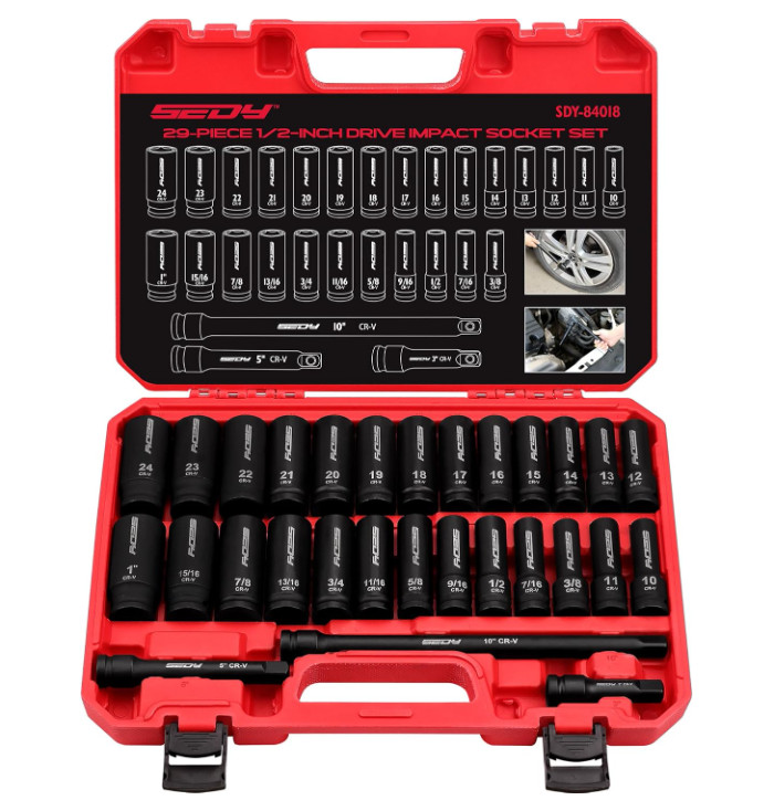 29PACS 1/2″ Drive Impact Socket Set SAE Metric Deep Shallow CR-V with Extensions