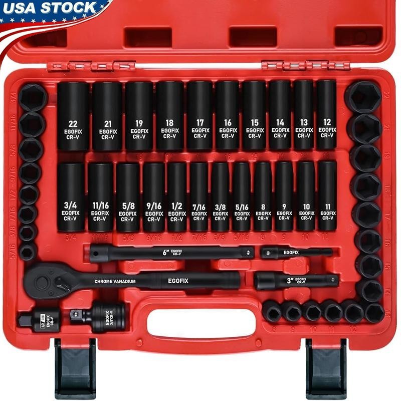 3/8″ Drive Impact Socket Set 50PCS SAE/Metric 6 Point Adjustable Ratchet Handle