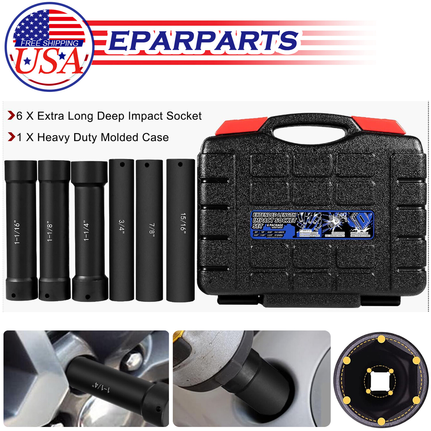 6PCS 1/2» Drive Extended Length Extra-Deep Length Impact Socket Set Heavy Duty