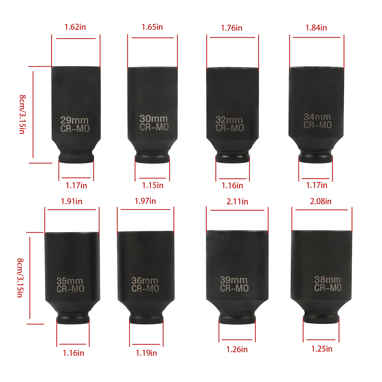 8Pcs 1/2″ Impact Socket Set 12 Point Drive Deep Spindle Axle Nut 29-39mm