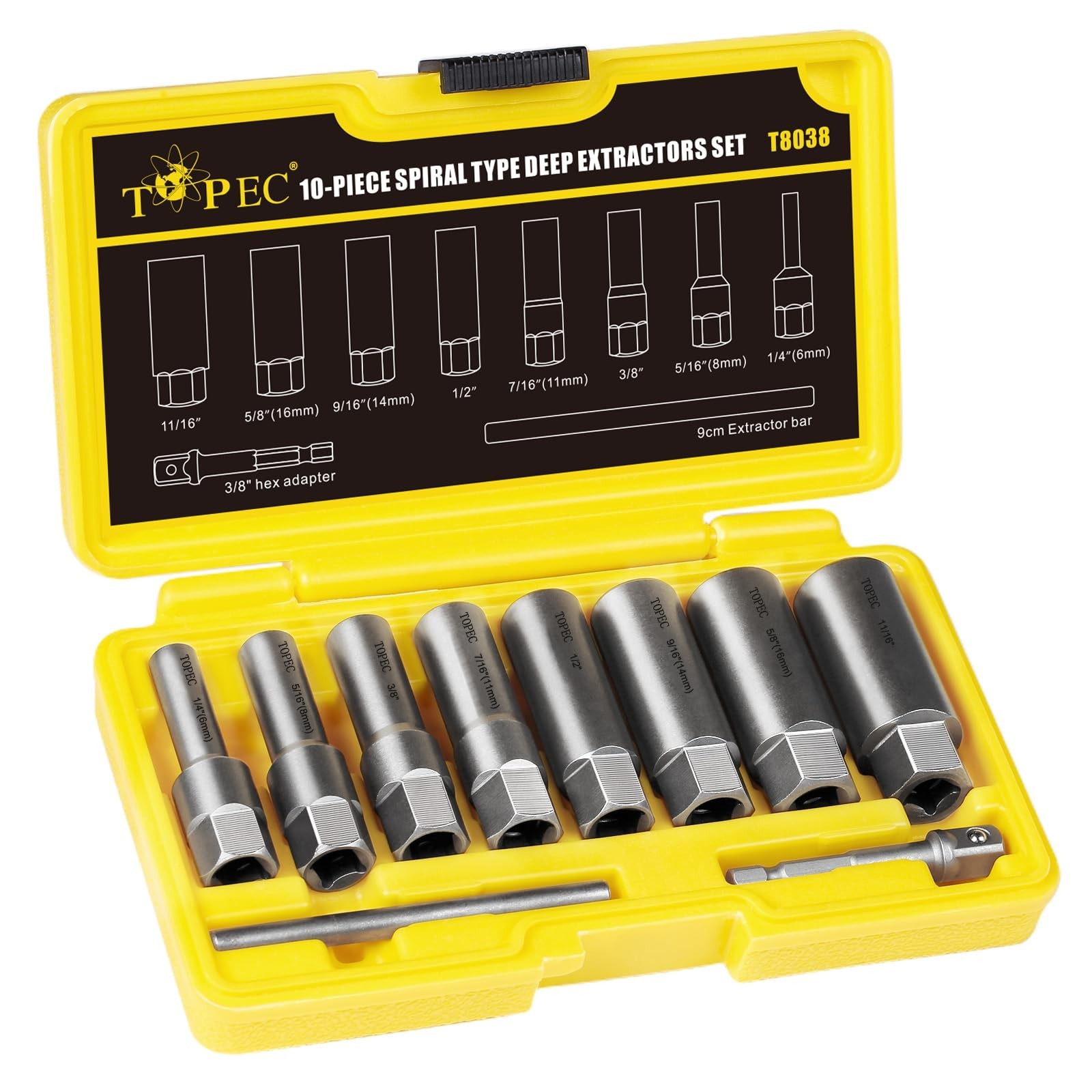 10-Piece Spiral Type Deep Bolt Extractor Set, Spark Plug Extraction Socket Set