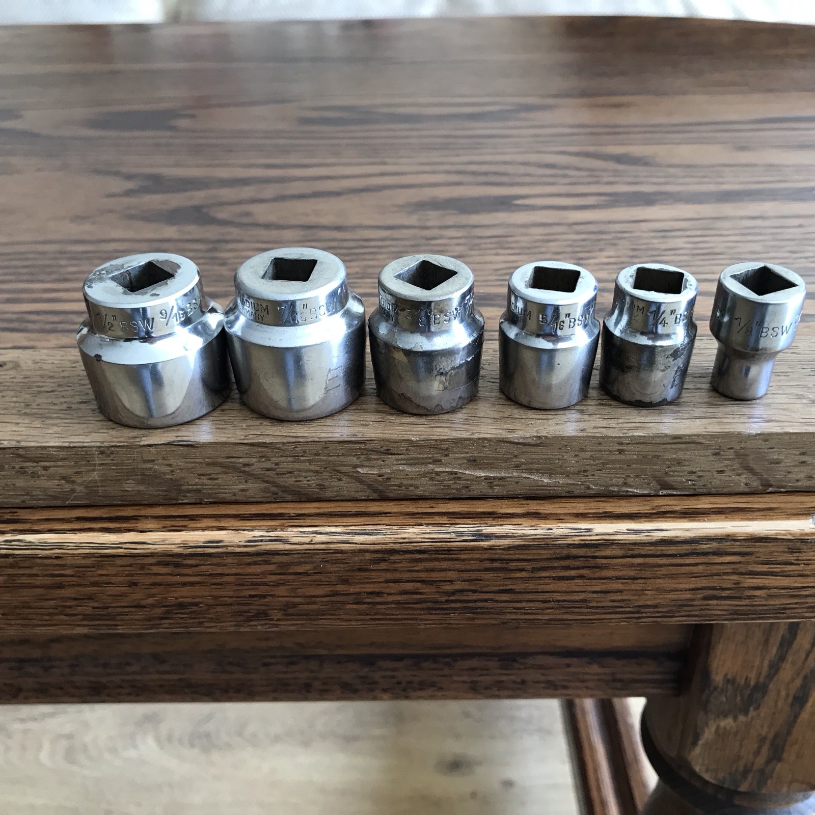6 Vintage Elora 3/8” Drive Whitworth Sockets 1/2” To 1/8” BSW.
