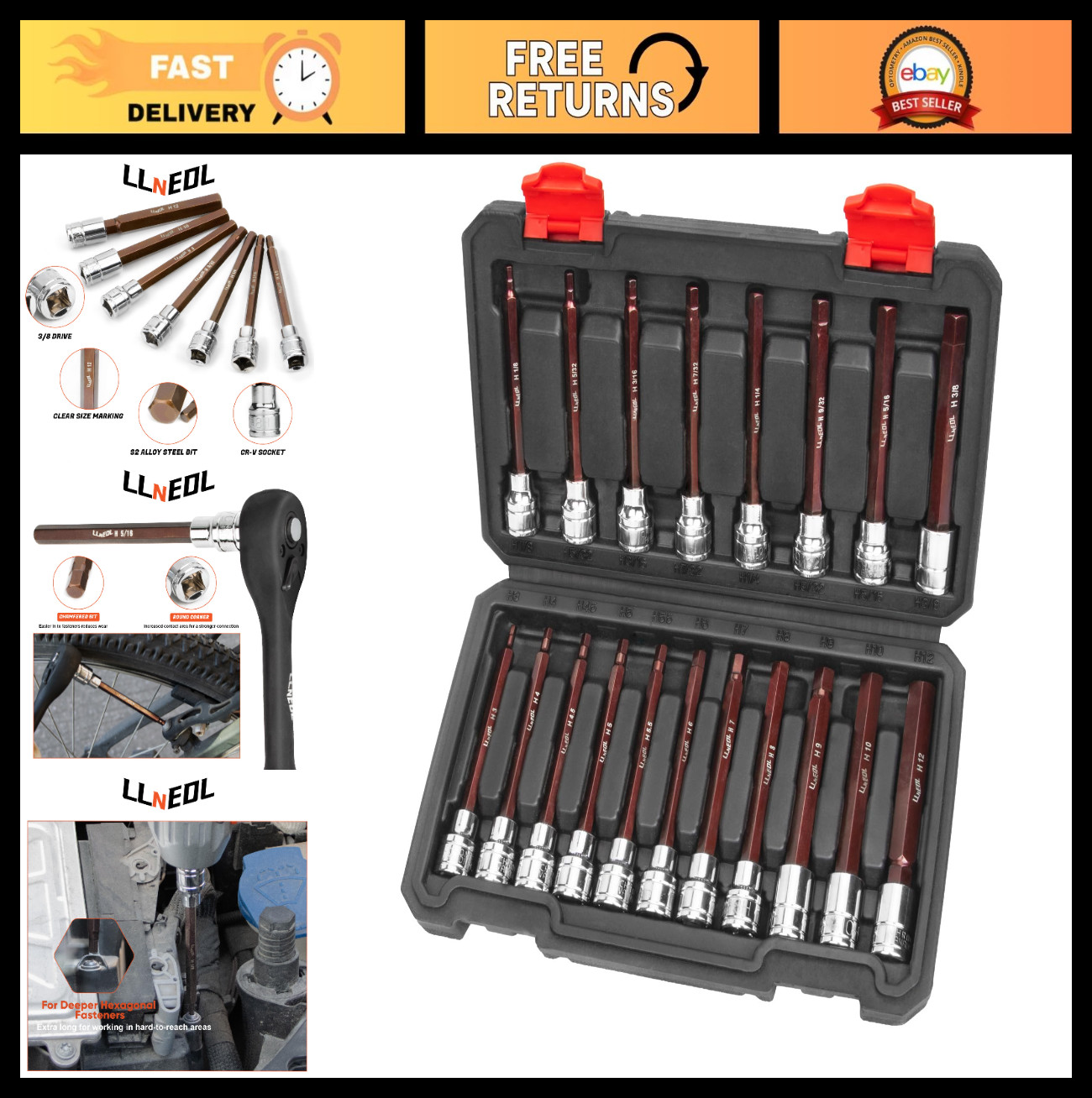 19-Piece Long Allen Hex Bit Socket Set, 3/8″ Drive, SAE & Metric Sockets, Durabl