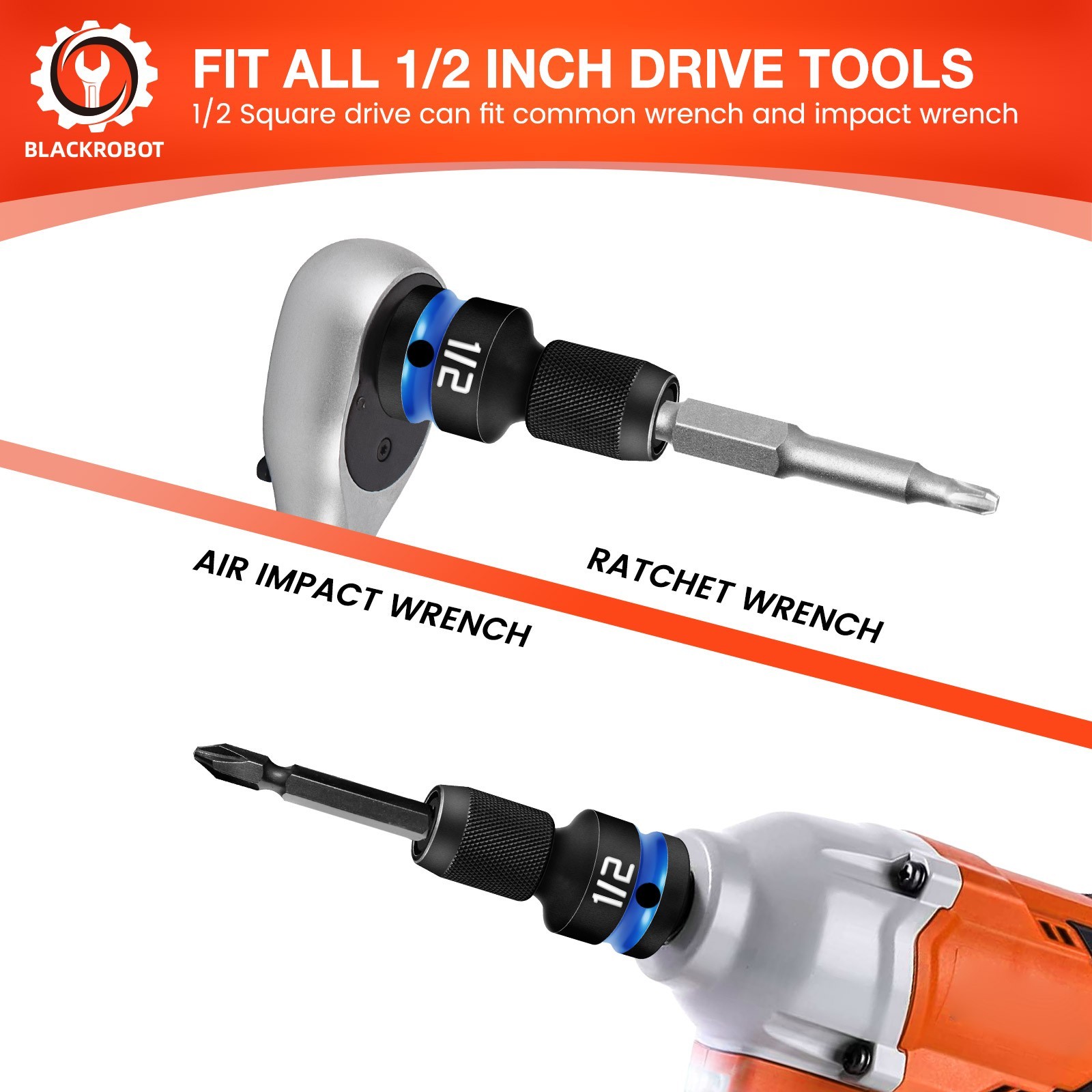 Impact Bit Holders 1/2-Inch Square Drive to 1/4-Inch Hex Socket Adapter