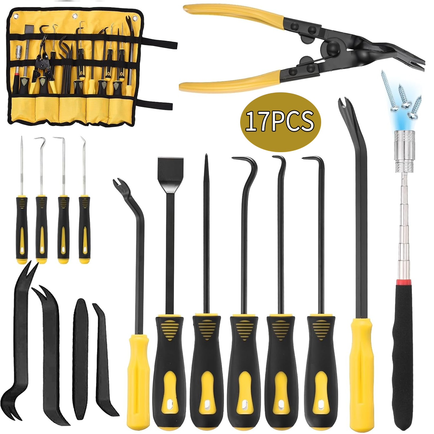 17 Pcs Mechanic Hook Pick Tool Set and Auto Trim Removal Tool Kit with Auto Clip