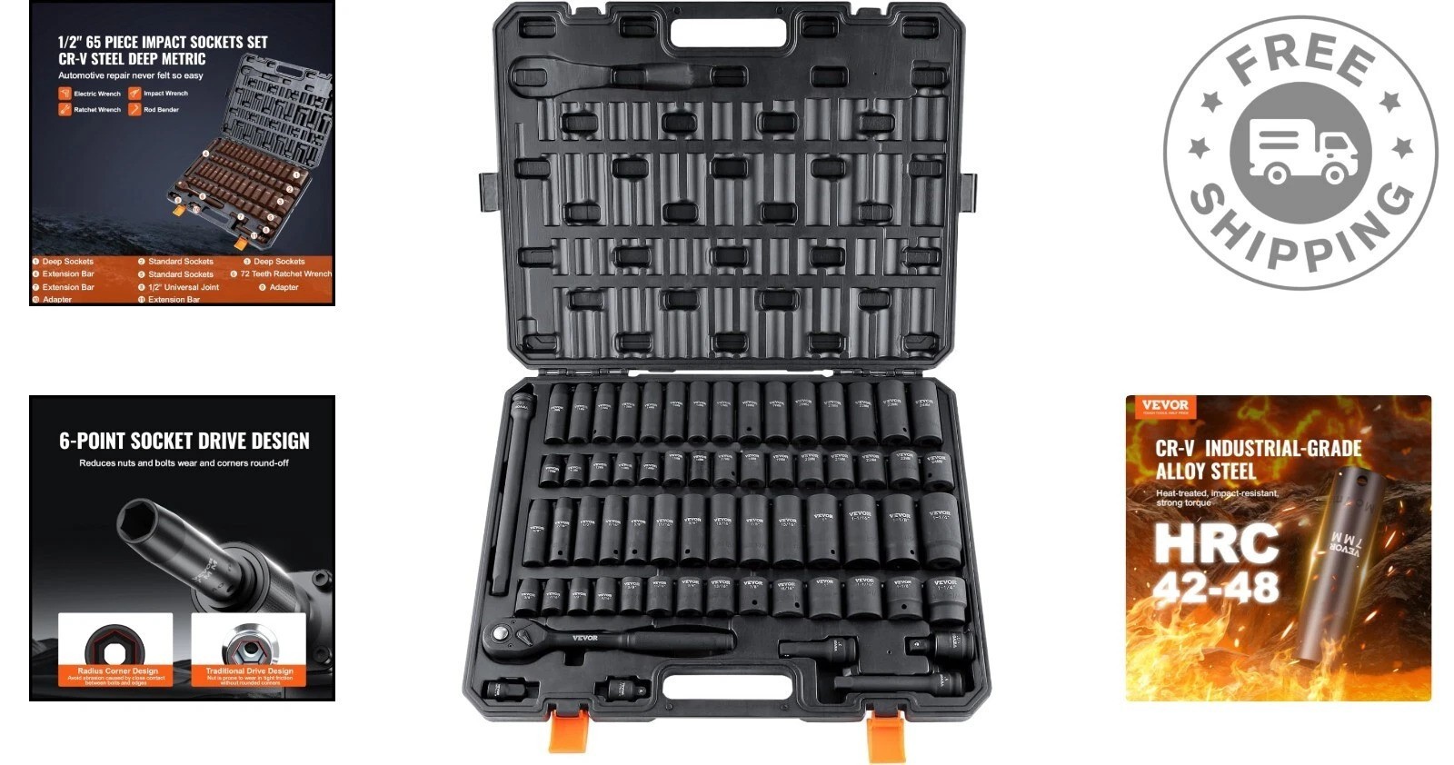 Professional 65-Piece Impact Socket Set in Durable Toolbox – SAE & Metric Range