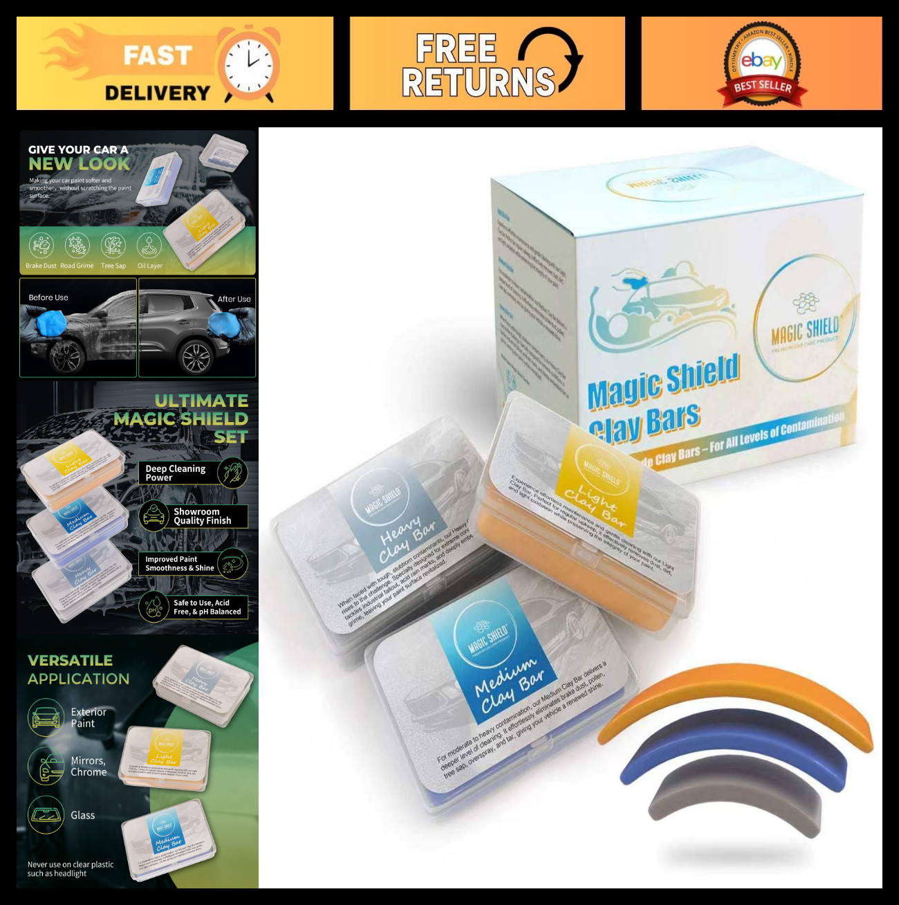 Triple Pack Clay Bars – 100g Light, Medium & Heavy-Duty for Car Detailing – Deep