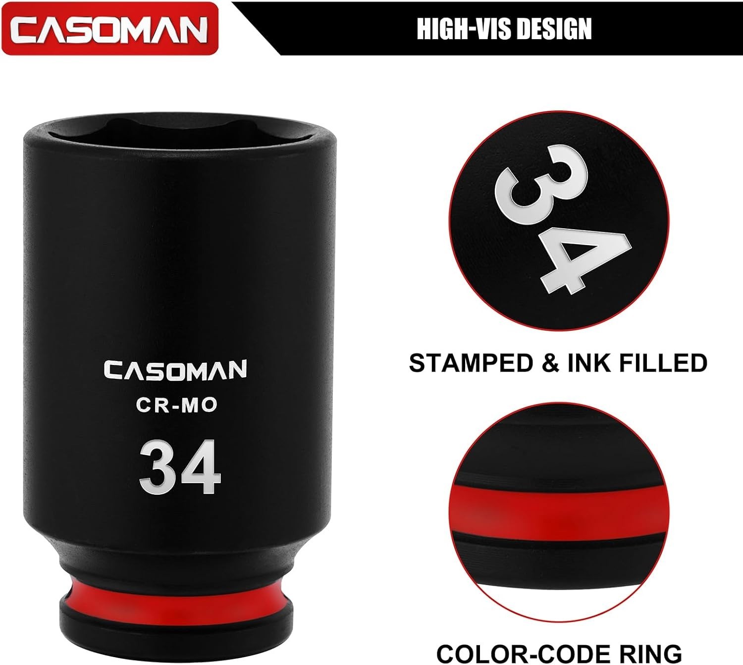 CASOMAN 1/2″ Drive x 34mm Deep Impact Socket, 6-Point, Metric, CR-MO