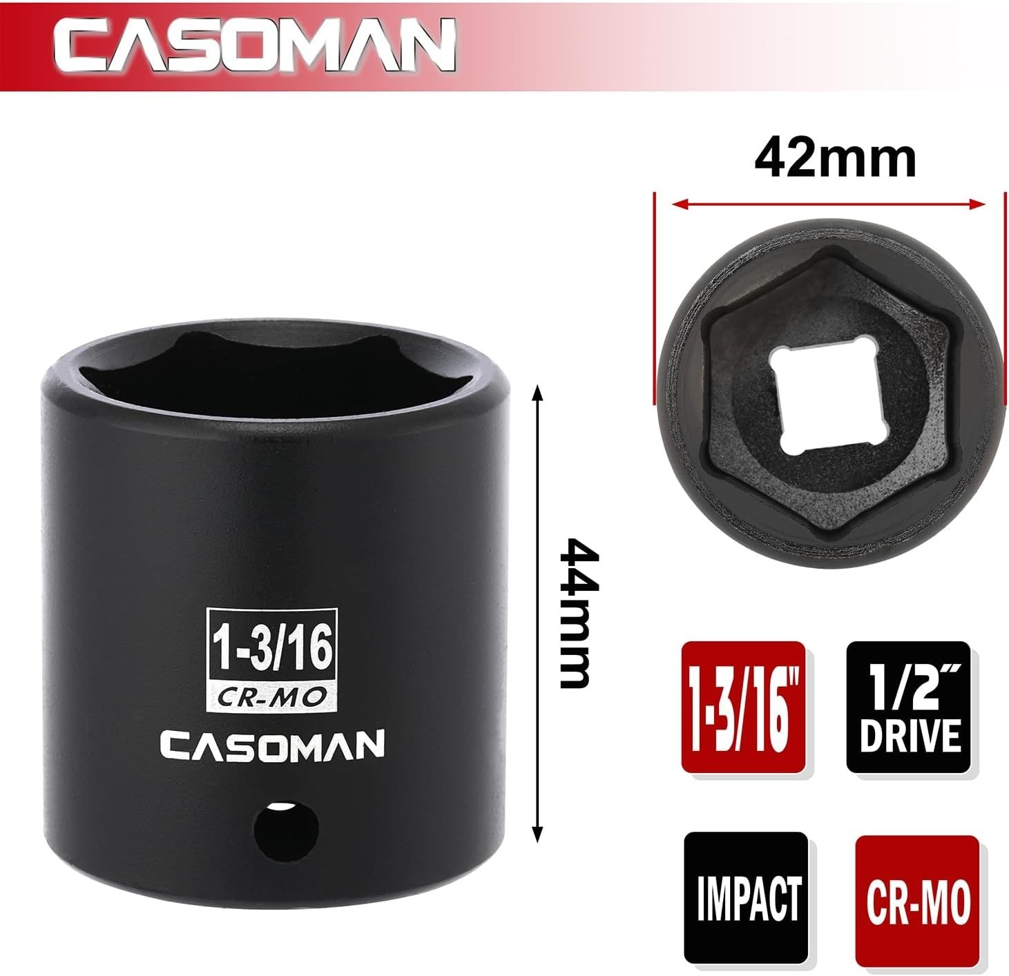 1-3/16″ Impact Socket with 1/2″ Drive – 6-Point CR-MO, Laser-Etched For Easy Use