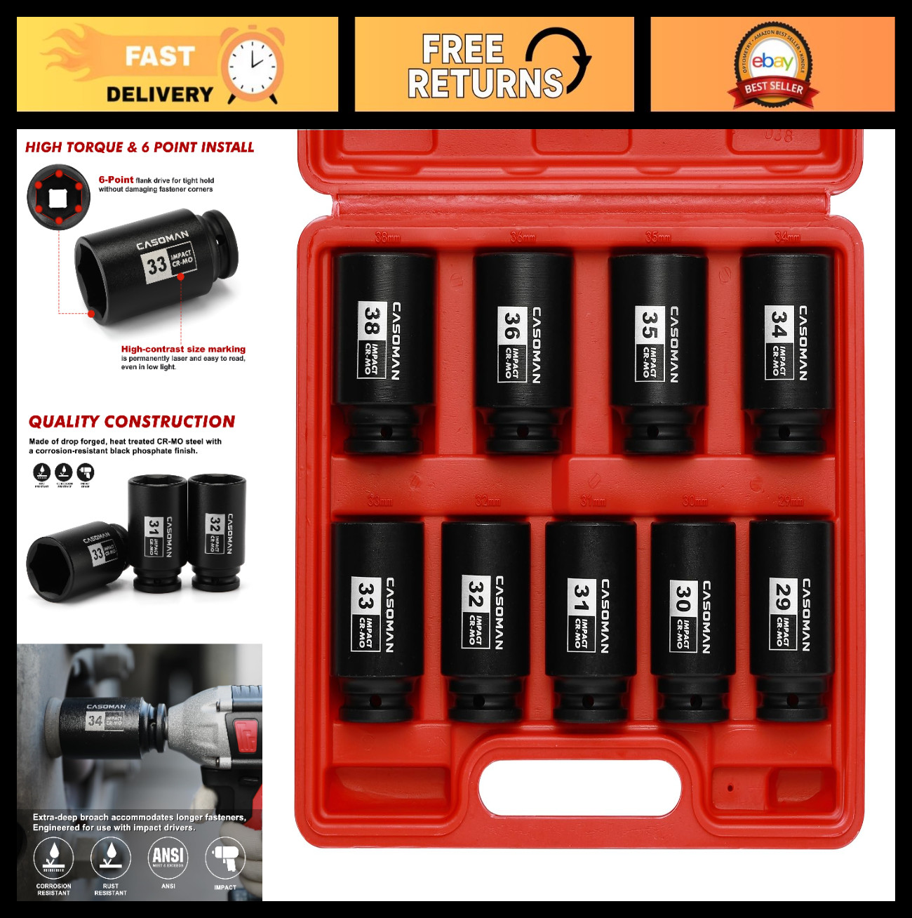 Large 1/2″ Drive Deep Impact Socket Set, 9-Piece, 6 Point, Metric 29mm-38mm, CR-