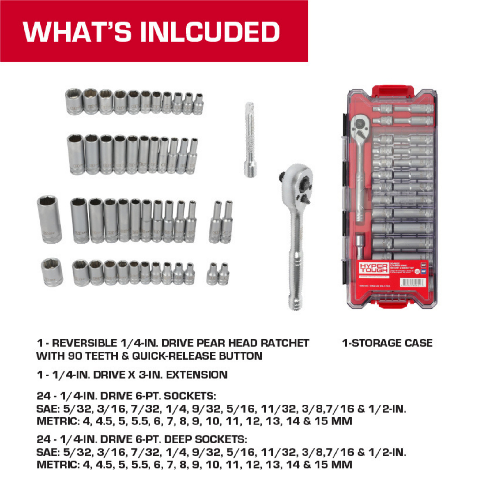 Hyper Tough 1/4-Inch Drive Ratchet and Socket Set, SAE and Metric, 50 Pieces