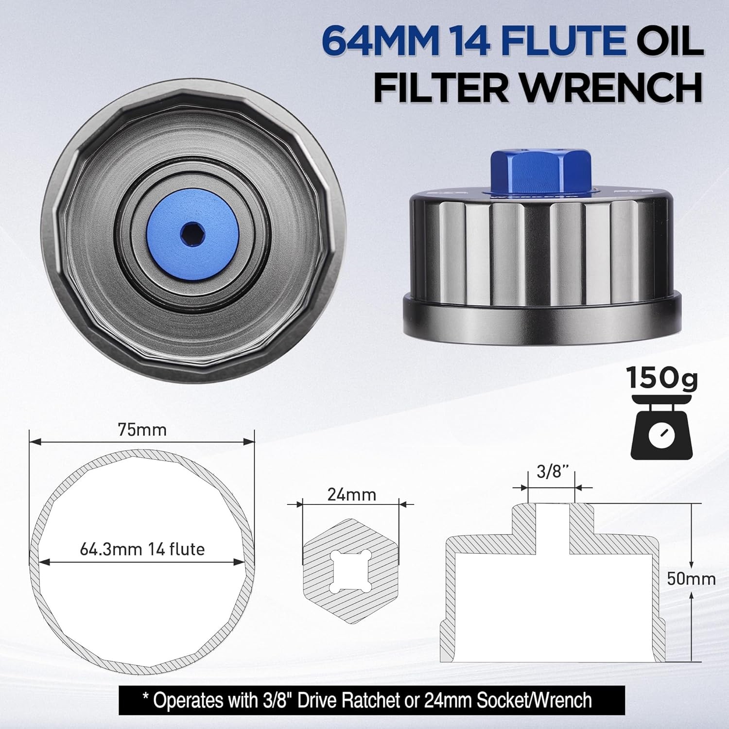 WORKPRO 64mm 14 Flute Precision CNC Machined Aluminum Oil Filter Wrench for RAV4