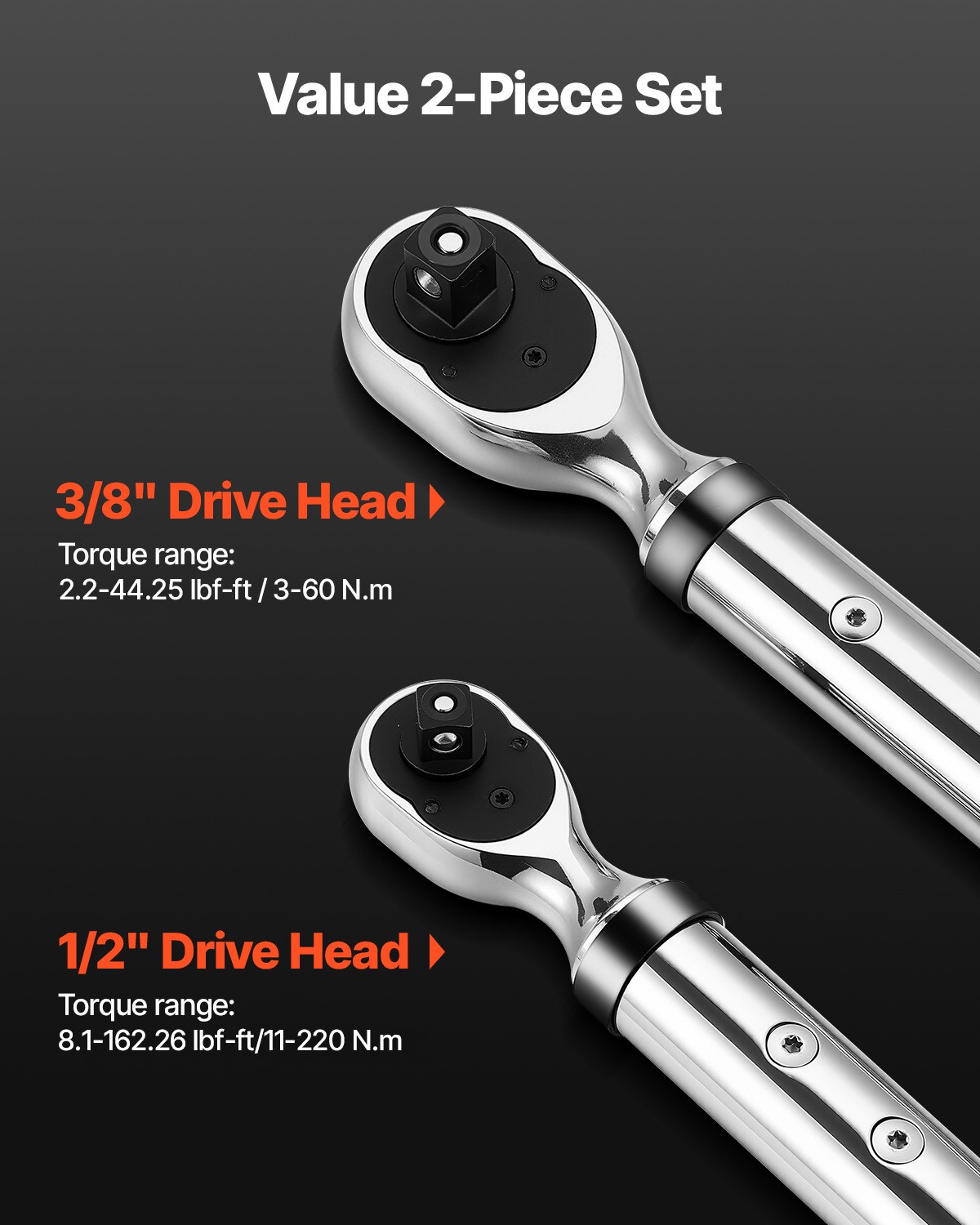 VEVOR Digital Torque Wrench Set 2Pieces 1/2 3/8 In Drive 72-Tooth Electronic LED