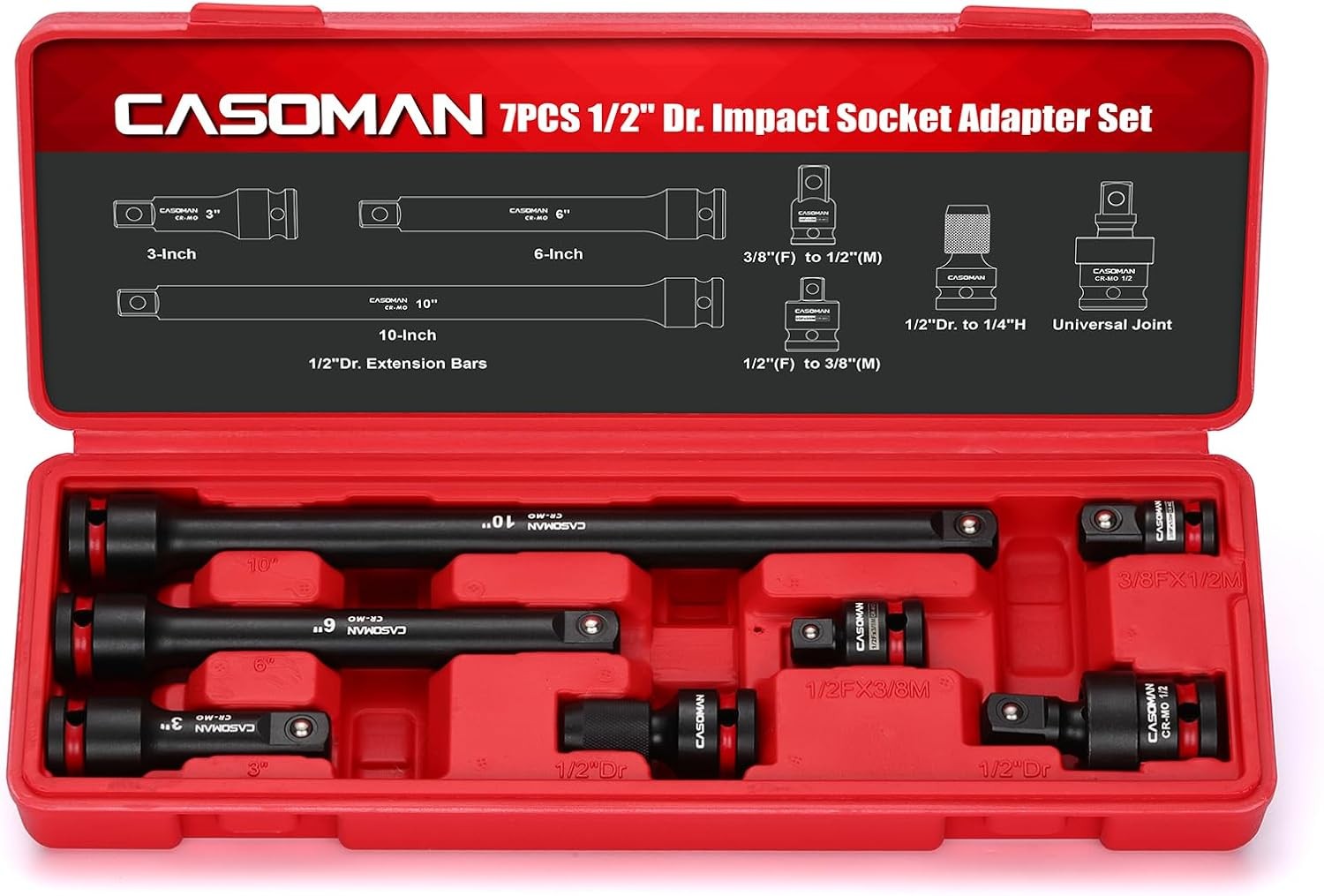 7PCS 1/2″ Drive Impact Socket Accessory Set, Includes Extension Bars 3″ 6″ 10″