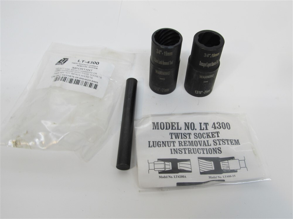 LTI LT-4300, 3 Pc. Twist Socket Lug Nut Removal 1/2″ Dr. 3/4″-19mm, 13/16″ -21mm