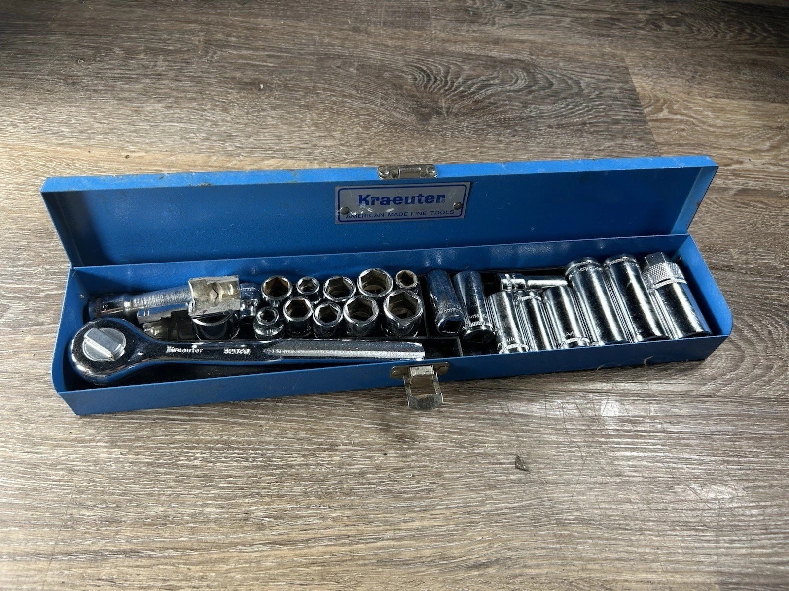 Vtg Kraeuter Tools Metric 3/8″ Drive Socket Ratchet Set Shallow Deep 7-19mm 6 pt