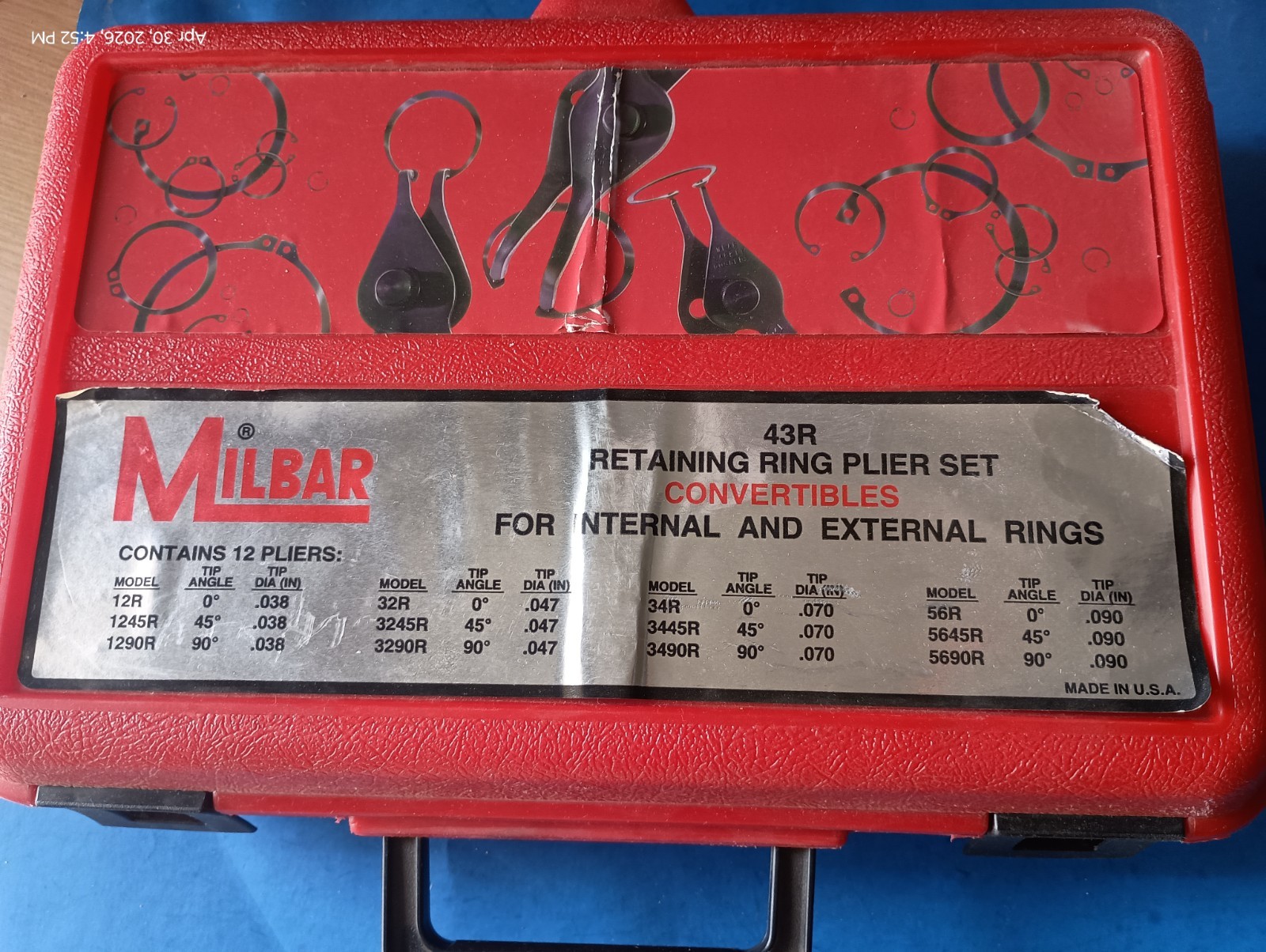 Milbar, #43R Retaining Ring Plier Set Convertibles ( Int/Ext), Set of 12