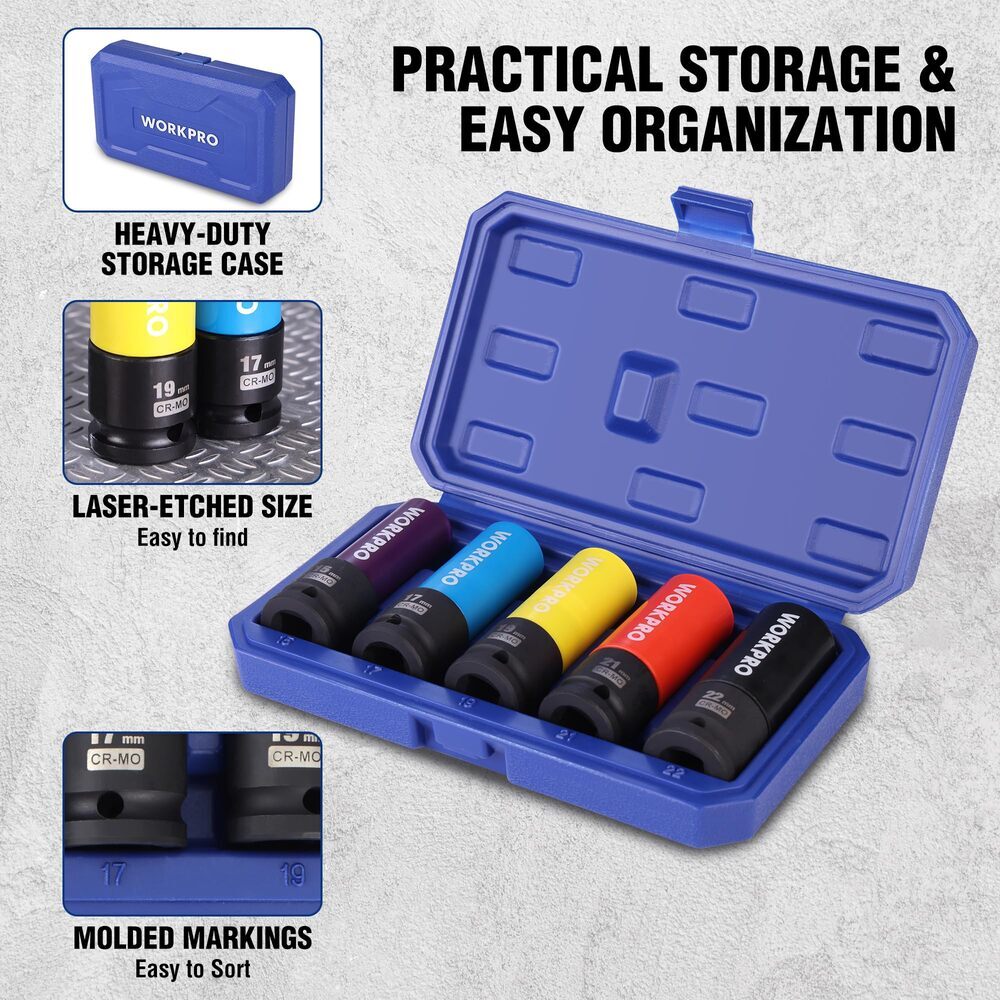 WORKPRO 5PCS 1/2″ Dr Impact Lug Nut Socket Set 15 17 19 21 22mm Thin Wall Socket