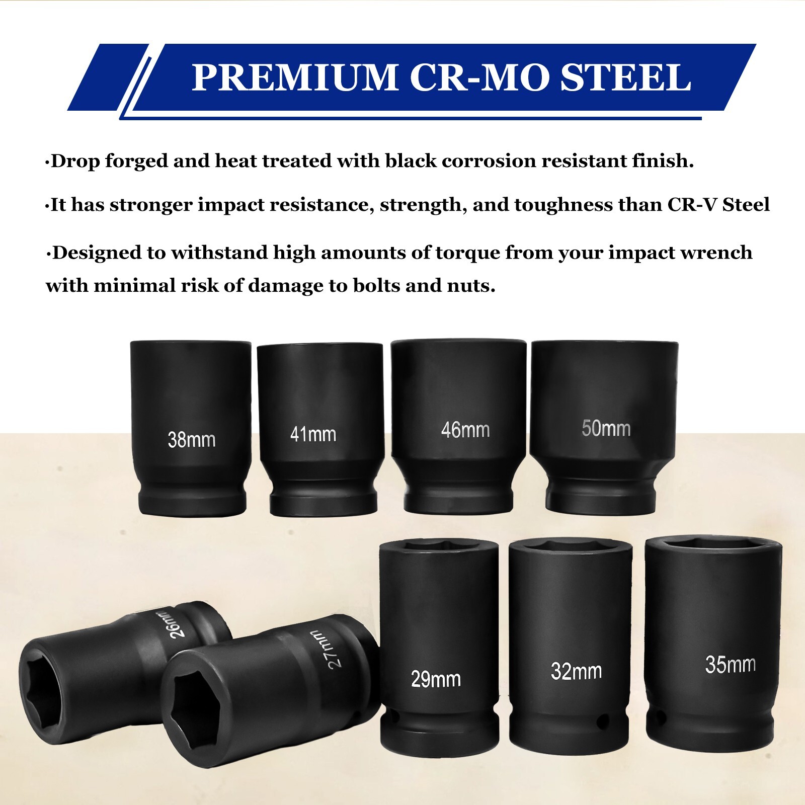 Impact Socket Set: Drive Size 1″, 9 Pieces, 26/27mm,29/32/35/38/41/46/50mm JumBo